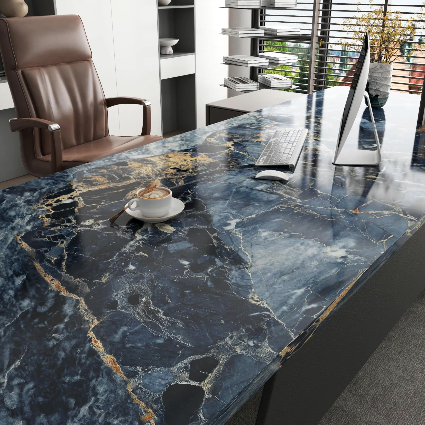 LACHEERY Carta da parati in vinile color blu scuro e oro, 400 x 91 cm di larghezza, adatta per affittuari, piano di lavoro della cucina, stacca e attacca, impermeabile, in vinile, per controsoffitti