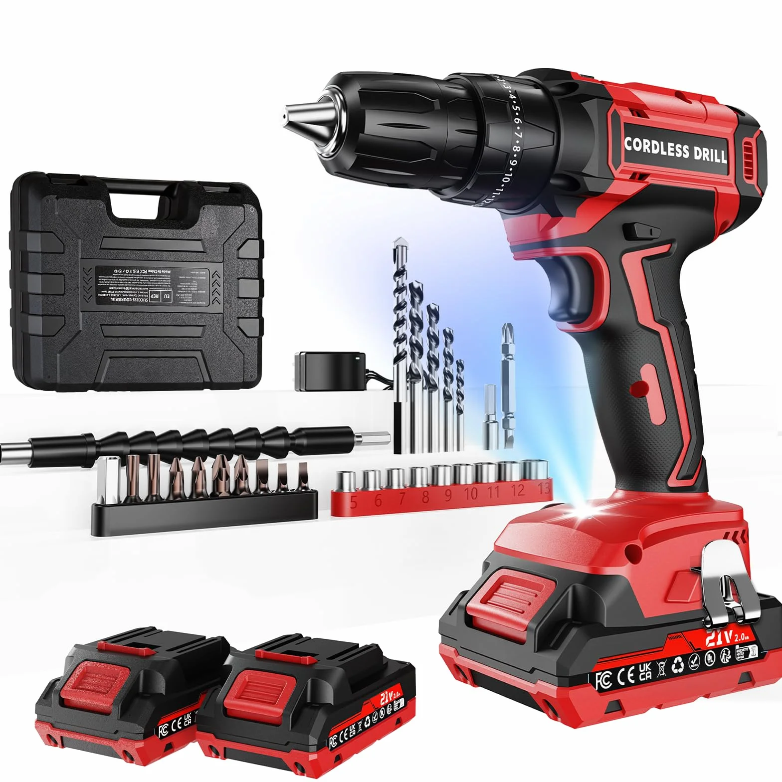 Trapano Avvitatore Batteria 21V, con Batterie 2×2000mAh, coppia 45 Nm, max 25 + 3 livelli di coppia (2 marce e LED), per casa e giardino fai da te, (2 Batteria)