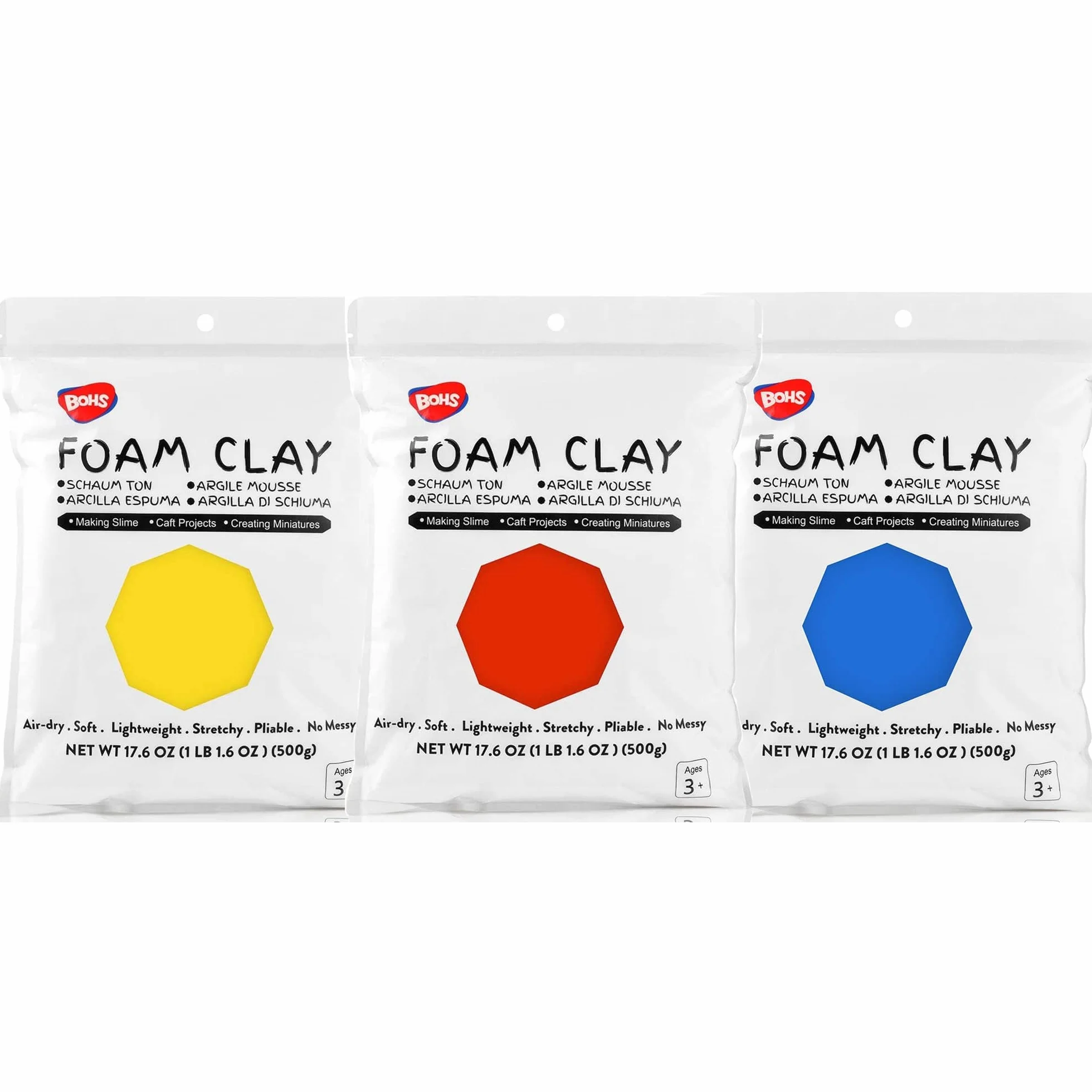 BOHS Argilla espansa primaria (rosso, blu, giallo), 3 pezzi da 1,5 kg, morbida, asciutta all'aria aperta, per progetti scolastici, cosplay, falsi dolci, forniture per slime