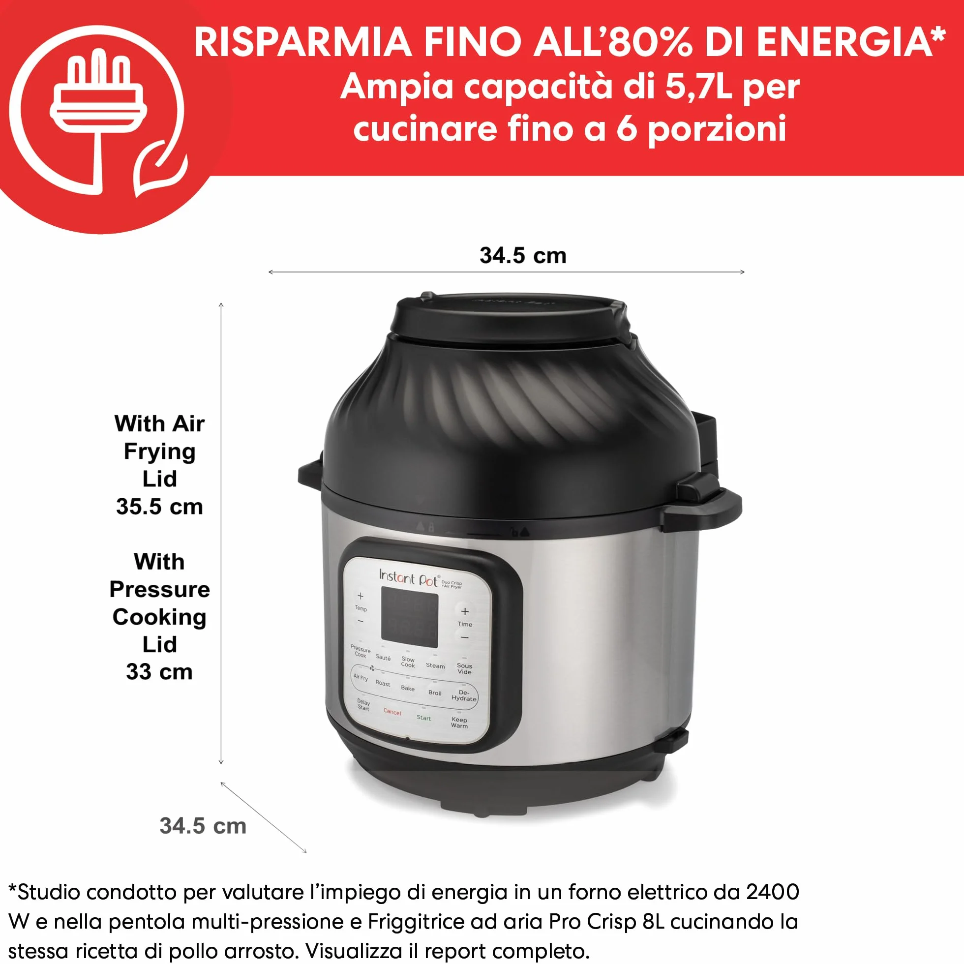 Instant Pot Duo Crisp + Hot Air Fryer 11-in-1 Electric Multi-Cooker 5.7 L - Pressure Cooker, Air Fryer, Slow Cooker, Steamer, Sous Vide Device, Dehydrator with Grill, Keep Warm and Baking Function
