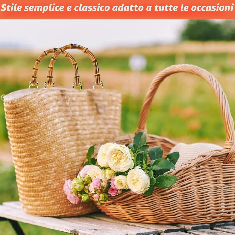 REFORUNG 4 Pz Manici in Bambù per Borse, Maniglie a Forma di U per Fai Da Te, Uncinetto Artigianale con 8 Pz Anelli in Metallo per Tote, Borsette