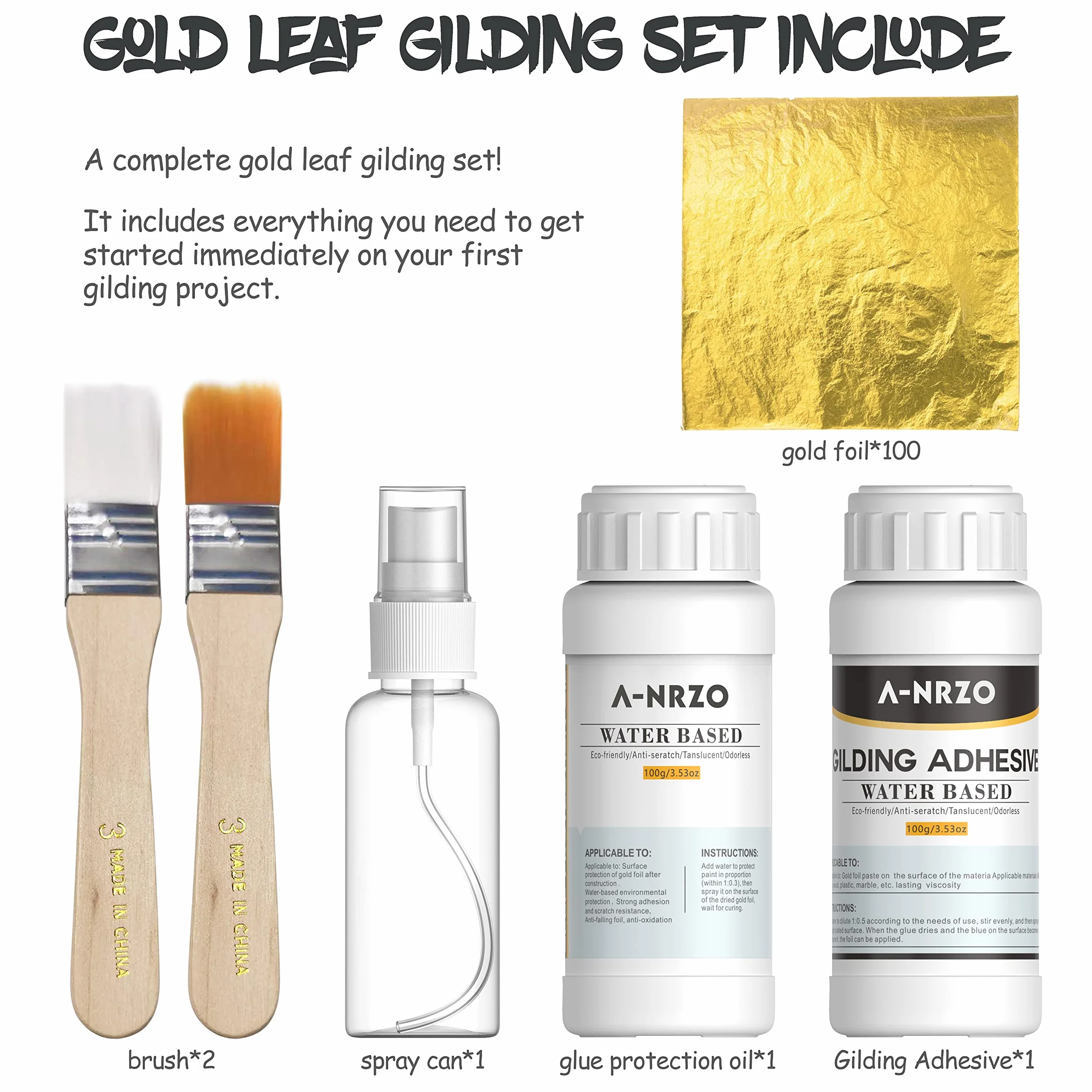 Set di adesivi per doratura a foglia d'oro,100 ml Adesivo a Base d'Acqua e Vernice Protettiva100ml, Fogli di Foglia d'oro, 100 Pezzi, per rtigianato, pittura e Arte