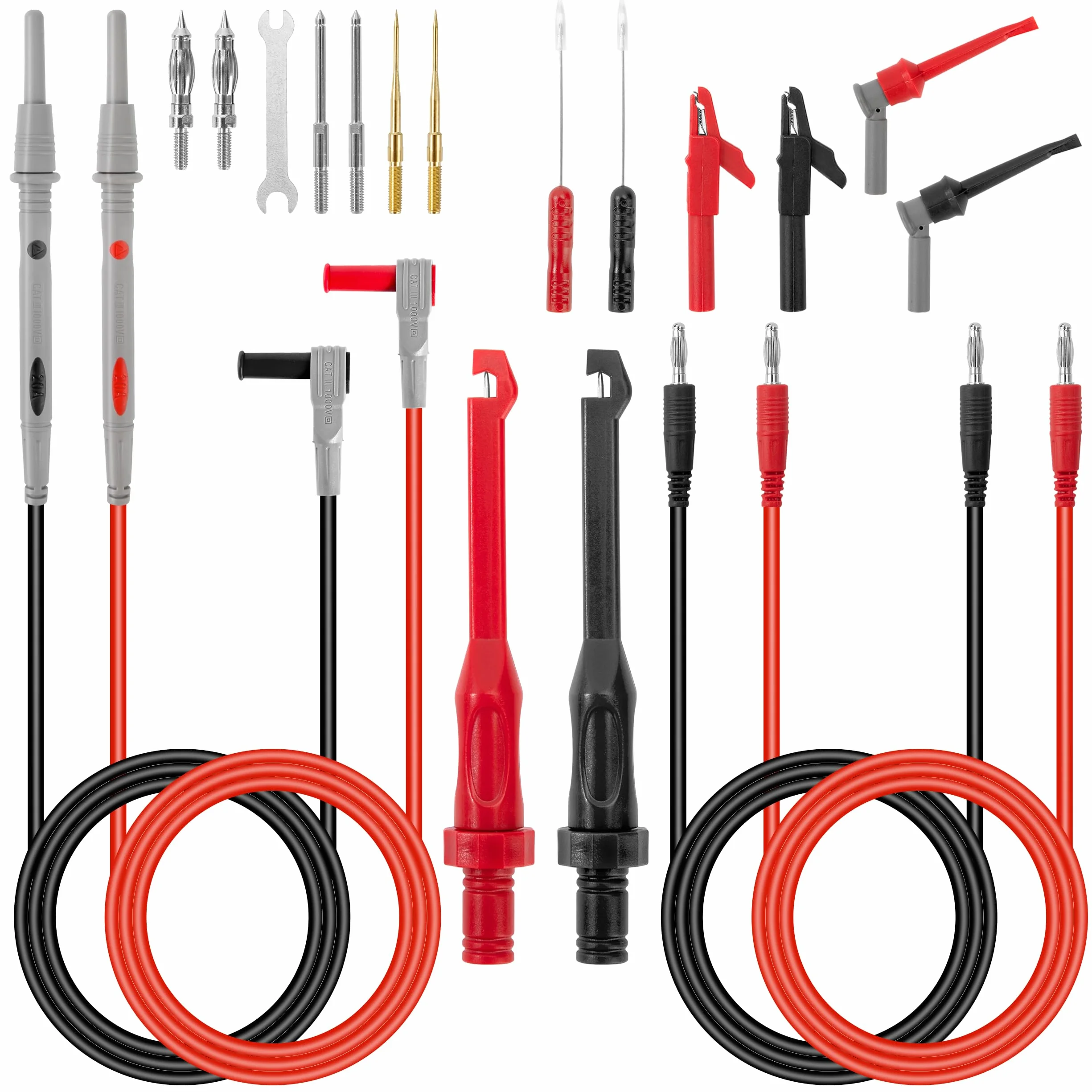 QIMEI-SHOP Puntali Tester Multimetro Kit con Clip Coccodrillo Gancio di Prova Sonda di Prova Sostituibile 0.7/1/2/4 mm per Elettricista Multimetro Digitale 19 Pezzi
