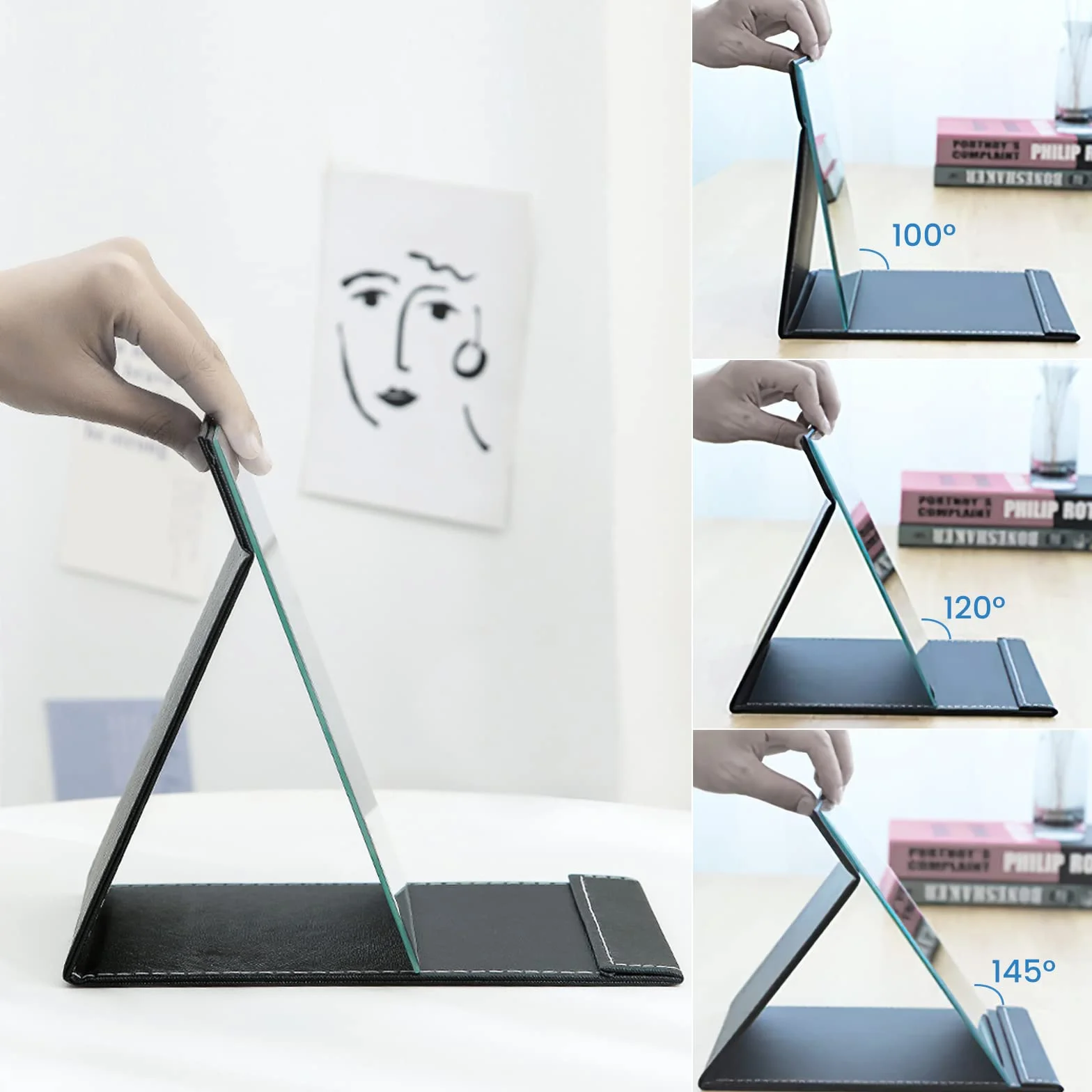Specchio da Tavolo Portatile Pieghevole 25x18cm Pelle PU HD per Viaggio Trucco Nero