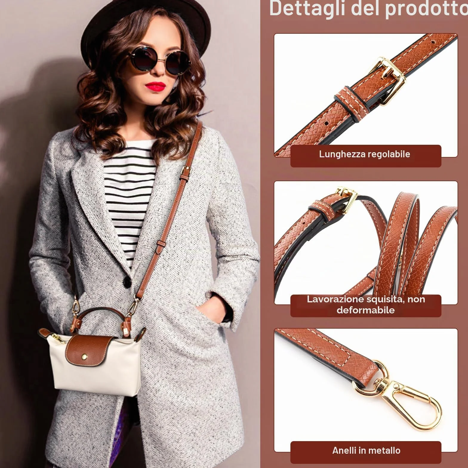 Tracolla per Longchamp Mini Borse, Donna Universale Regolabile di Tracolla per Borsa in Pelle Double Face PU - Marrone, Non Serve Punzonatura con 2 Adattatori per Ogni Occasione