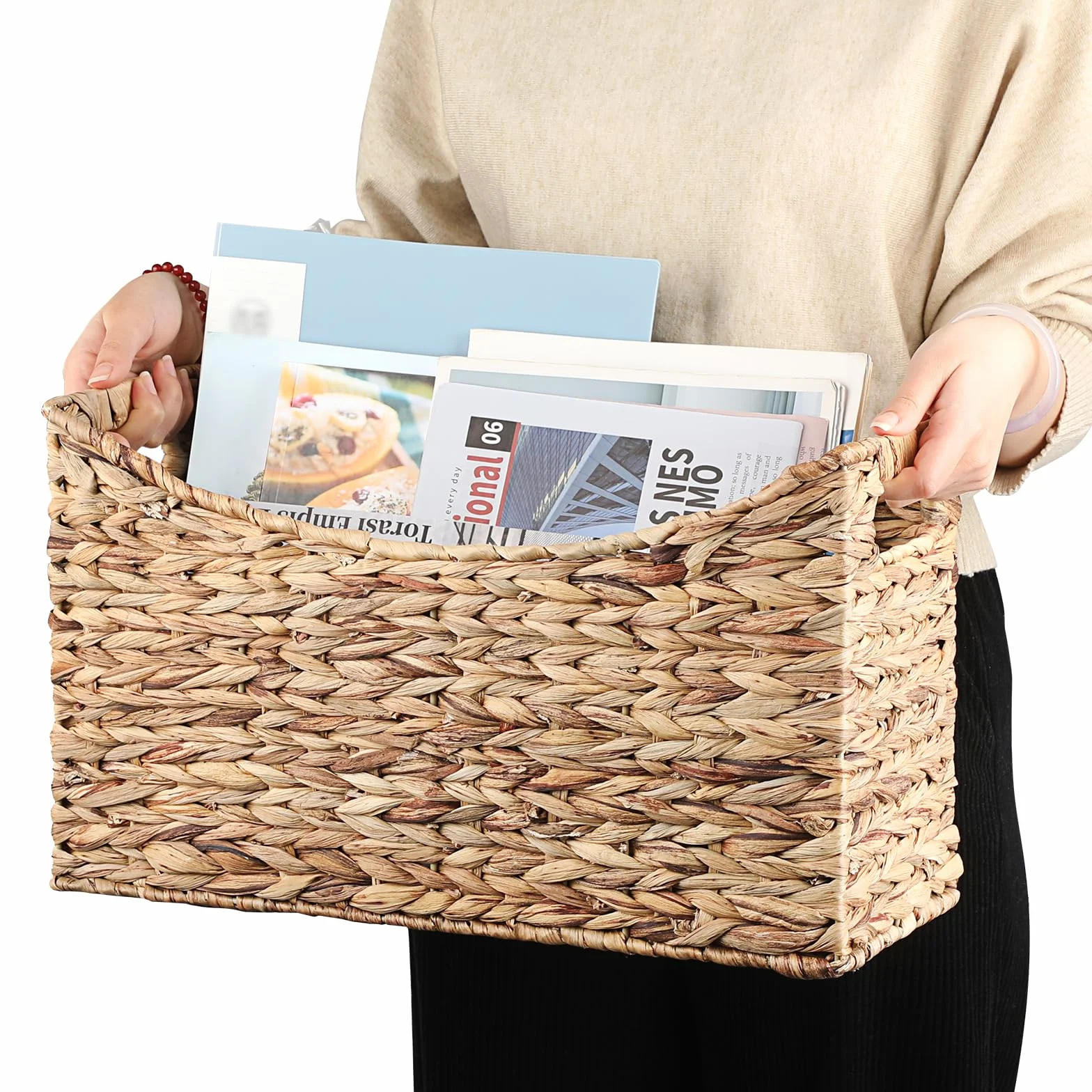 Portariviste stabile in giacinto d'acqua, cestino portaoggetti in tessuto, portariviste con manico, cestino in vimini per libri, riviste, carta come regalo, 43 x 16 x 25 cm