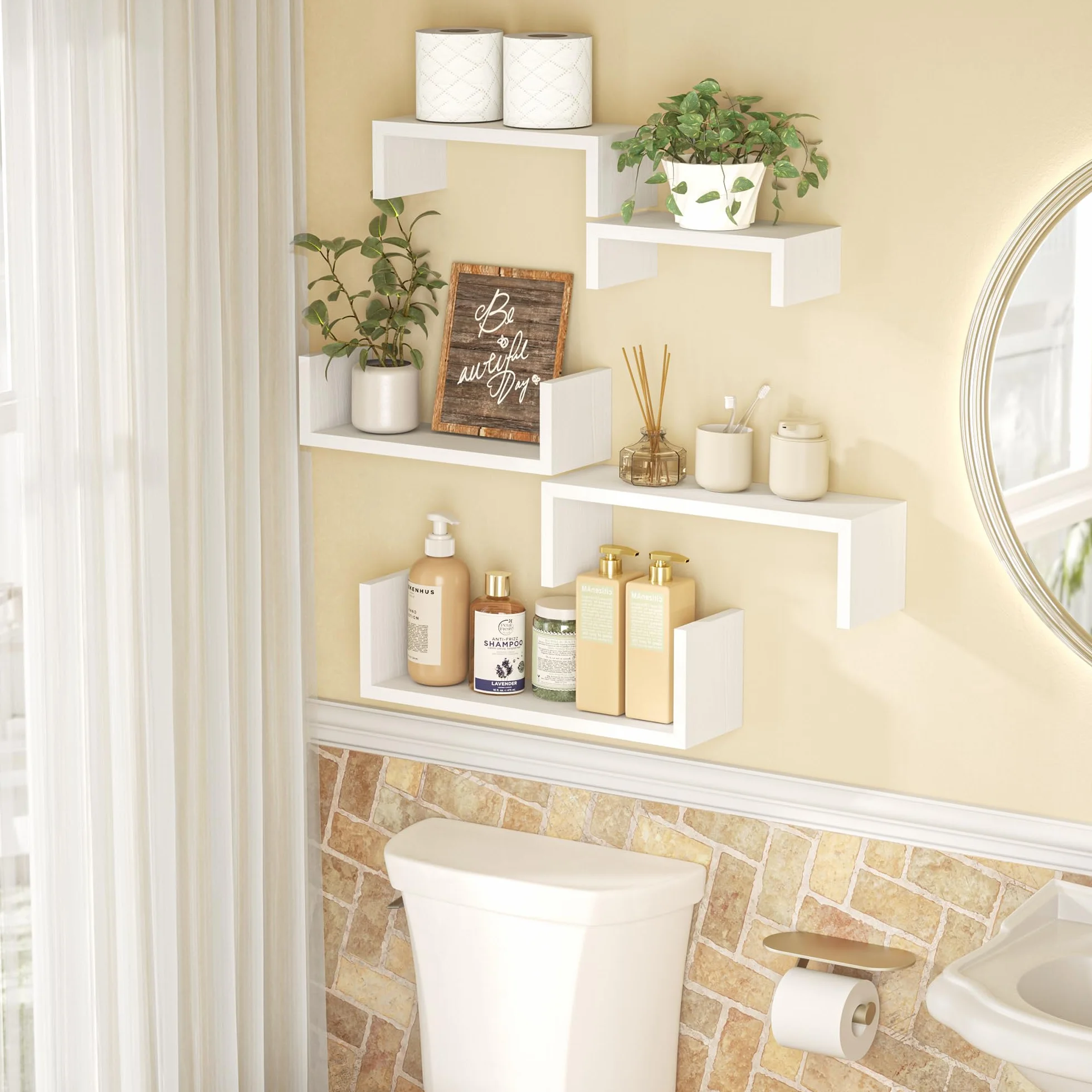 SRIWATANA mensole da muro ferroso 5 pezzi, mensolina da muro legno, mensole galleggianti, decorazione mensole da parete, mensole da muro design adatto a soggiorno, bagno, camera da letto, ufficio