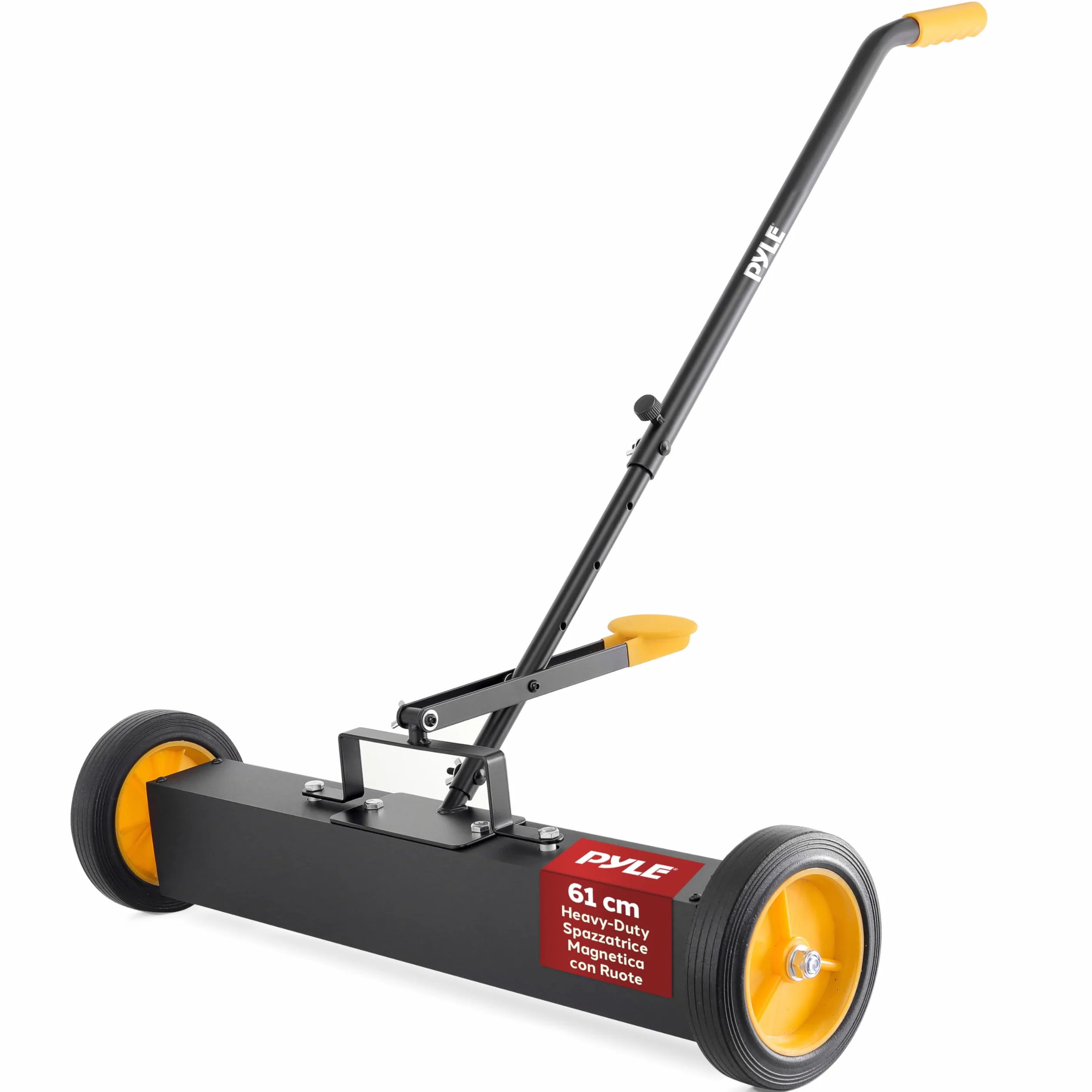 Pyle Spazzatrice Magnetica con Ruote 61 cm, Scopa Magnetica per Chiodi, Viti, Bulloni, Manico Regolabile, Raccoglitore Parti Metalliche per Uso Industriale e Commerciale, Nero/Arancione