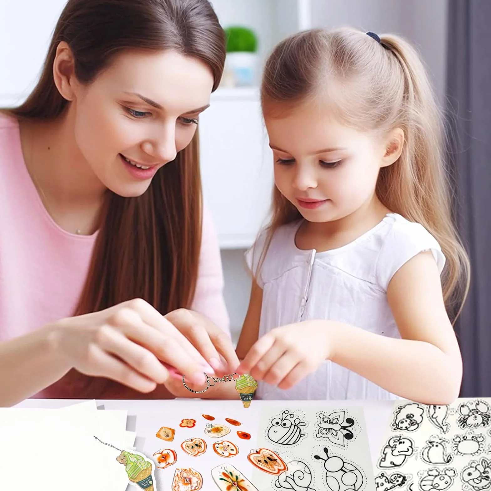 SZEBISOA 46 Pezzi Plastica Termoretraibile Kit (12 fogli plastica termoretraibile A4, 2 A4 e 2 A5 con motivi, 30 anelli portachiavi) Shrink Plastic set creativo fai da te.
