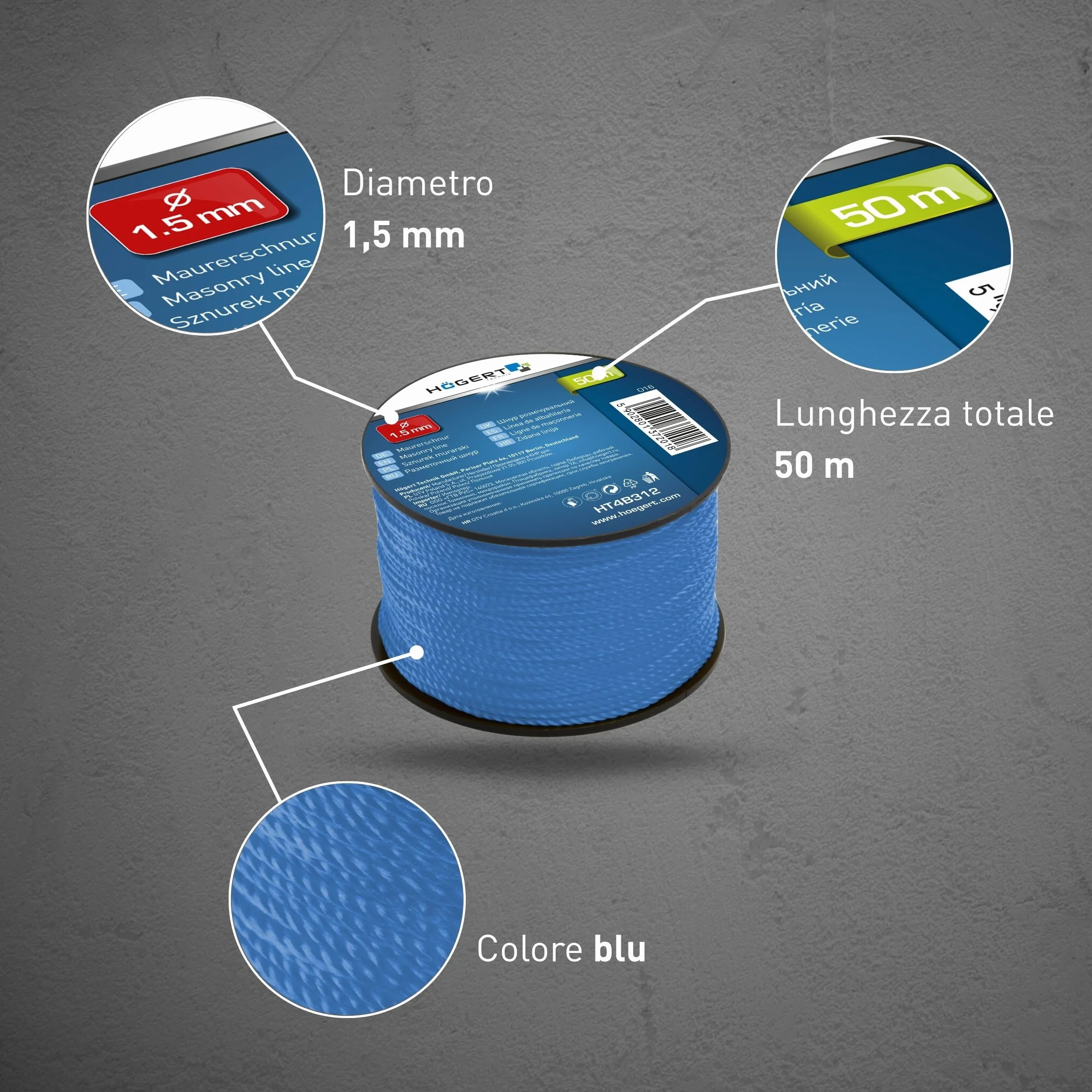 Högert Technik - Filo per muratura 50 m - Filo da muratura blu - Ø 1,5 mm - Resistente agli strappi e carico - Su bobina/corda/cordicella/cordicella/filo per pavimentazione