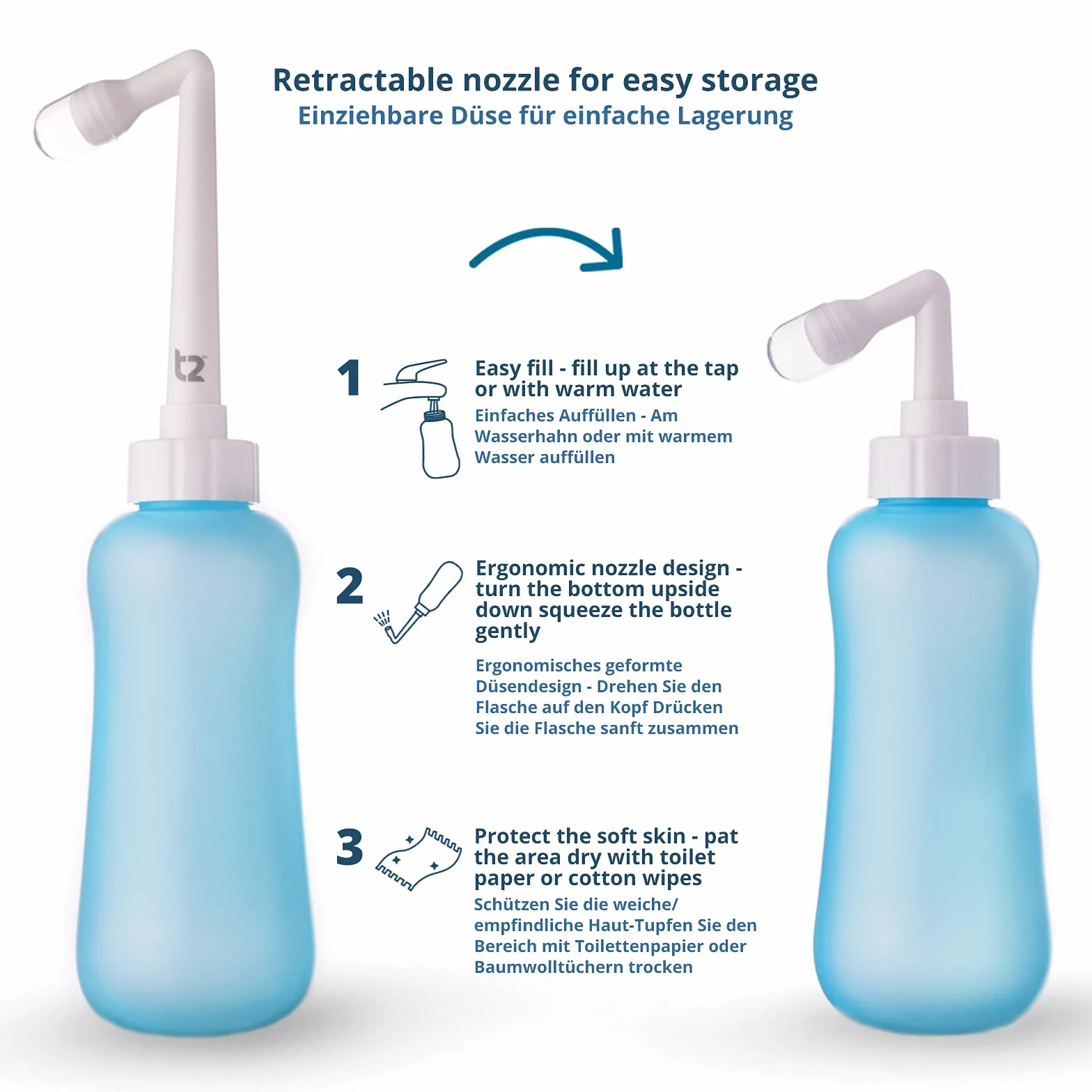 T2 Peri Bottle - Bidet Portatile da Post Parto, Sollievo dal Dolore Perineale - Da 450 ml con Ugello a 60°, Custodia Lavabile - Borsa Ospedaliera Essenziale per la Maternità, Regali per la Neo-Mamma