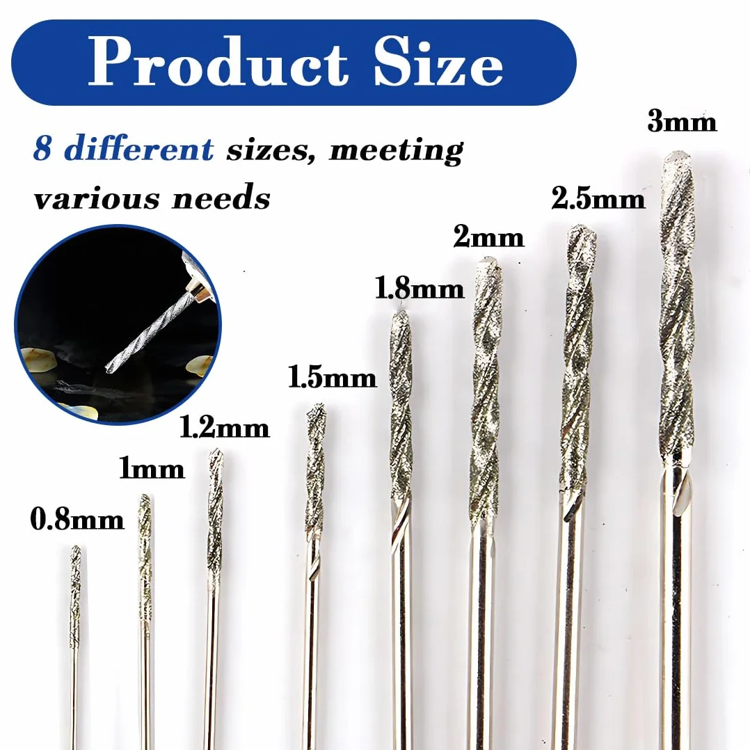 8 Pezzi Punte Diamantate Per Trapano Diamantato, 0,8 Mm Fino A 3,0 Mm, Punte Trapano Per Vetro, Metallo, Conchiglie, Giada, Perle