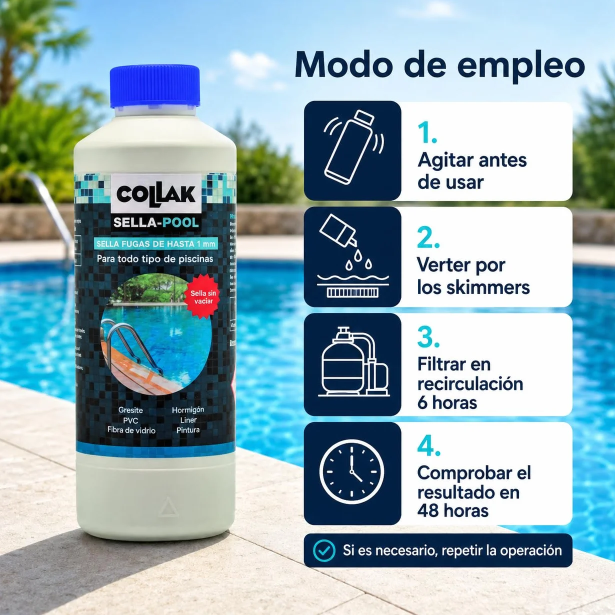 Collak Sigillante per perdite per piscina Seala-Pool 1L - Ripara crepe senza vuoto - Compatibile con Liner, Calcestruzzo, PVC, Fibra, SPA, Serbatoi e Tubi - Uso professionale e domestico