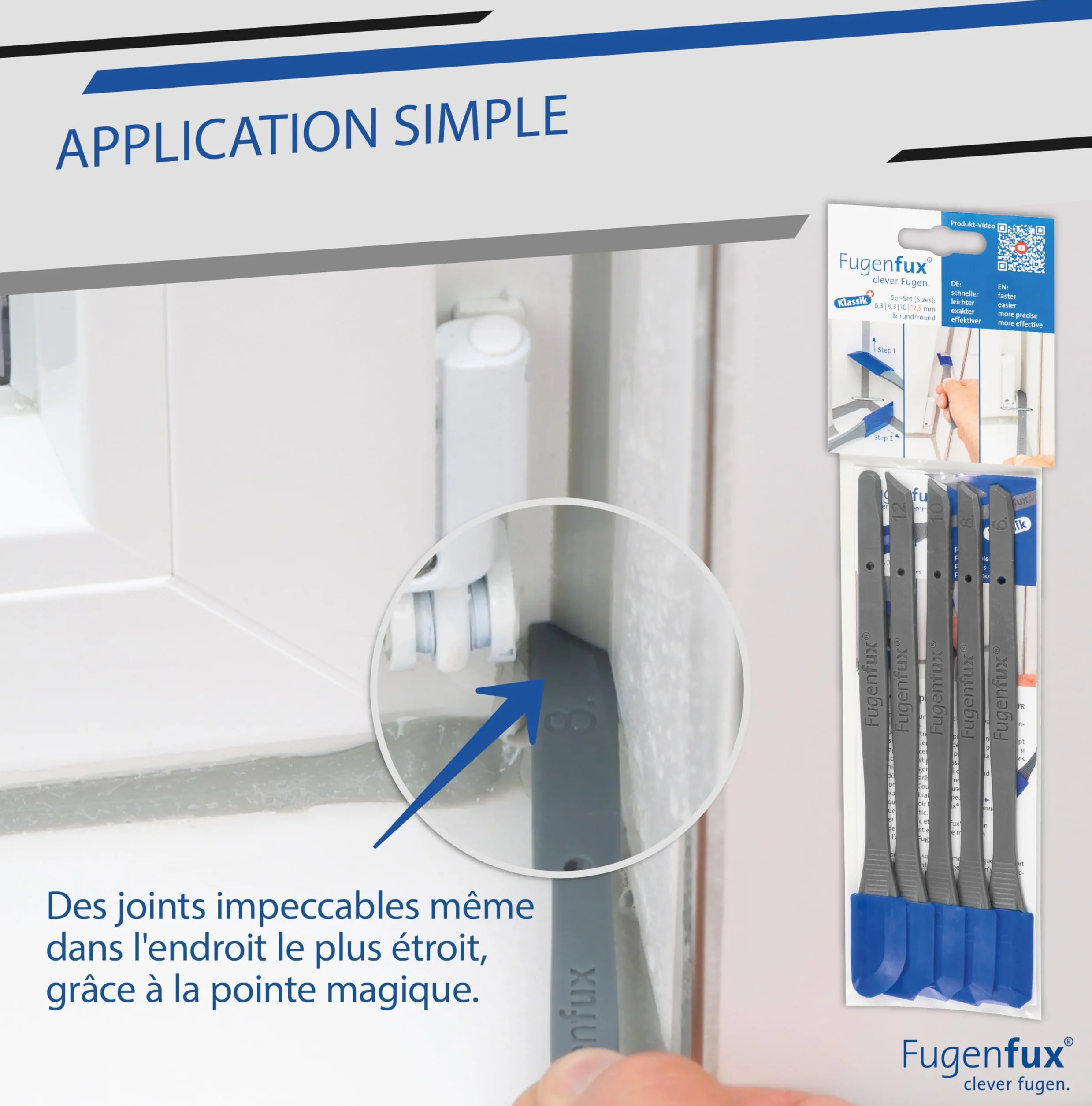 FUGENFUX® - Set di 5 raschietti per fughe con rivoluzionaria punta magica per punti estremamente stretti, 5 testine speciali ottimizzate, Made in Germany, per tutti i sigillanti