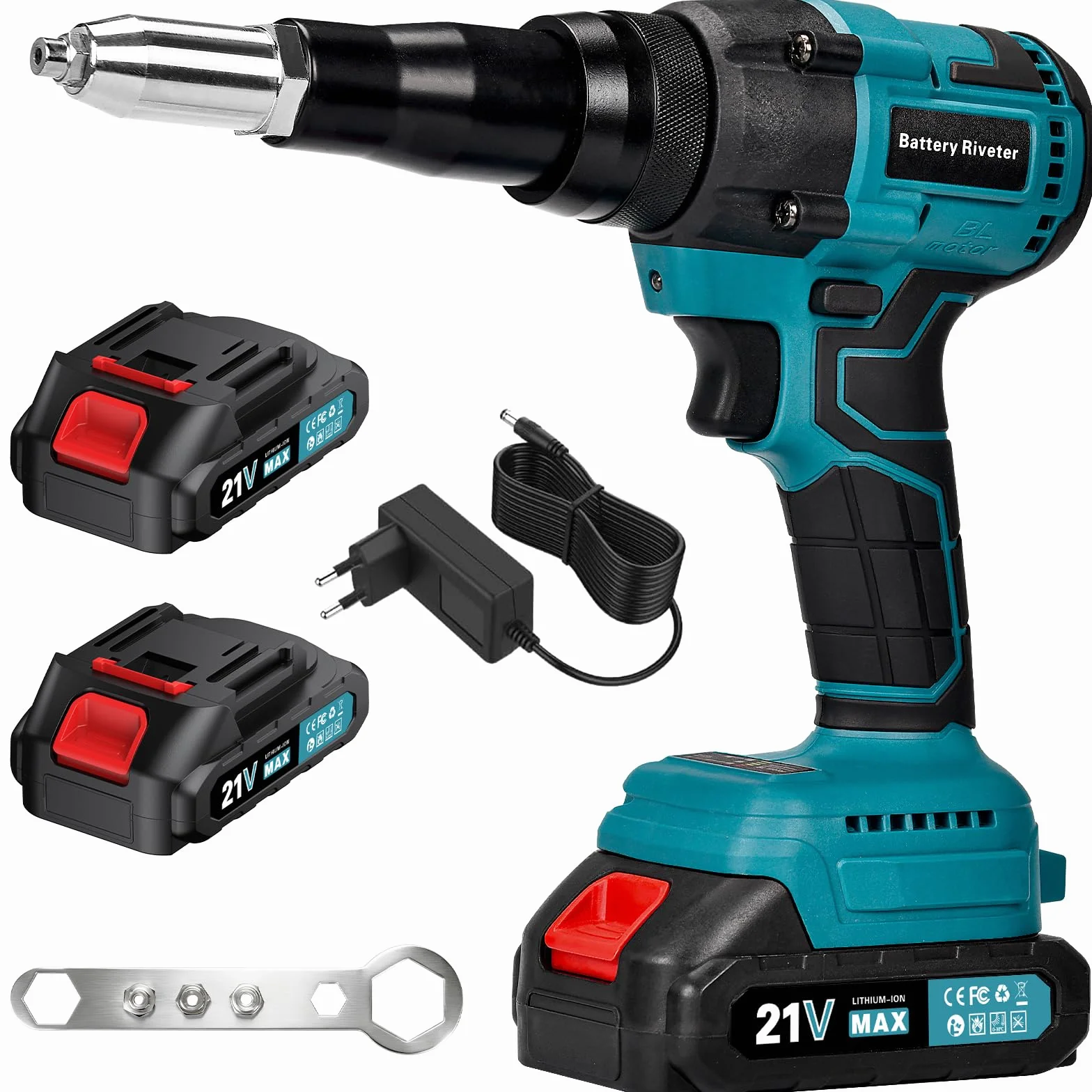Rivettatrice a Batteria, 20000N Pistola a Rivetti Senza Spazzole, Rivettatrice Elettrica Automatica con 2x1.5Ah Batterie, per rivetti 2.4-4.8 mm, Corsa 18mm, per cantieri