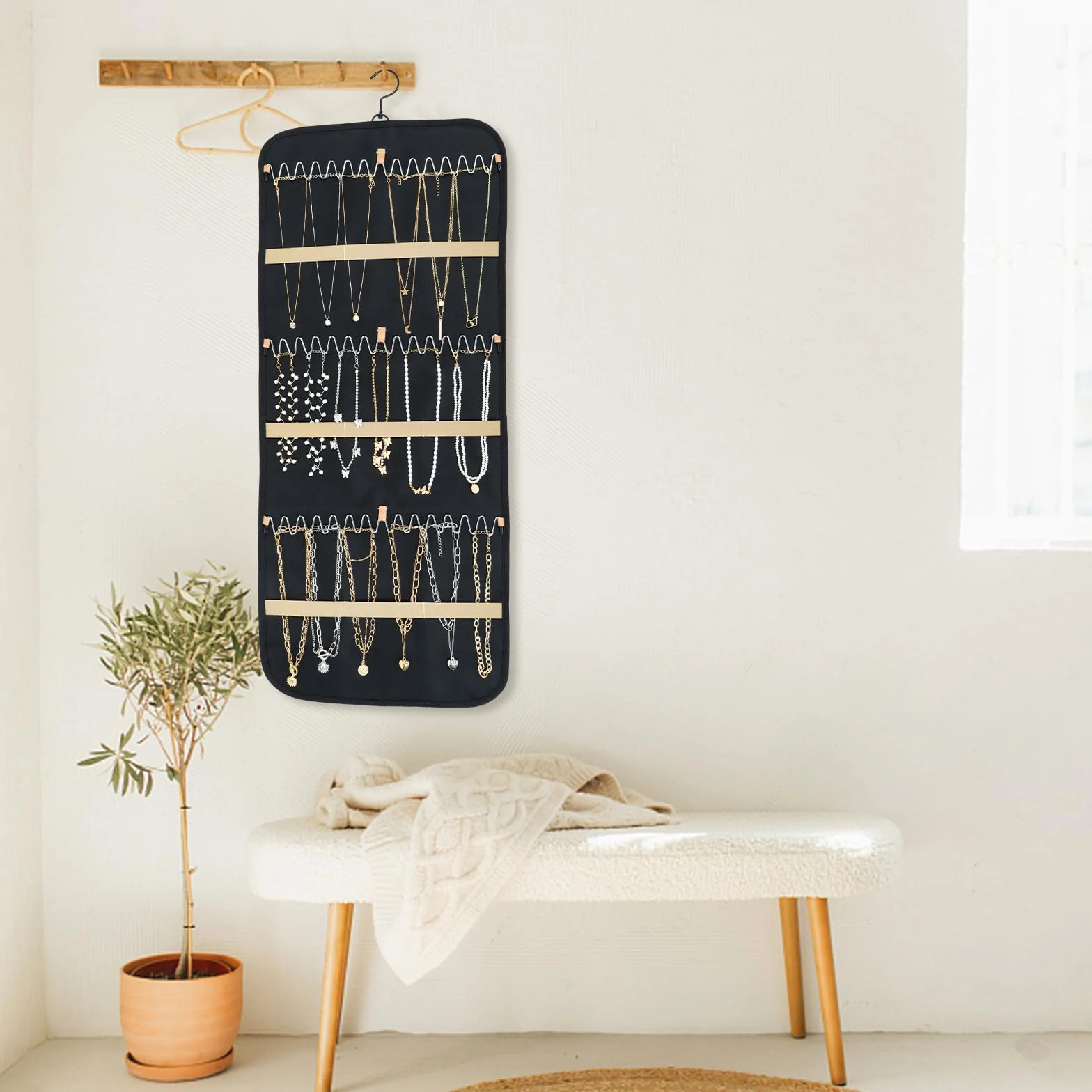 Oudizz Hanging Jewelry Organizer per Armadio - Collana Earring Holder con Coperchio Antipolvere e Gancio Rotante in Metallo - Jewelry Storage Display Stand, Grande, Nero