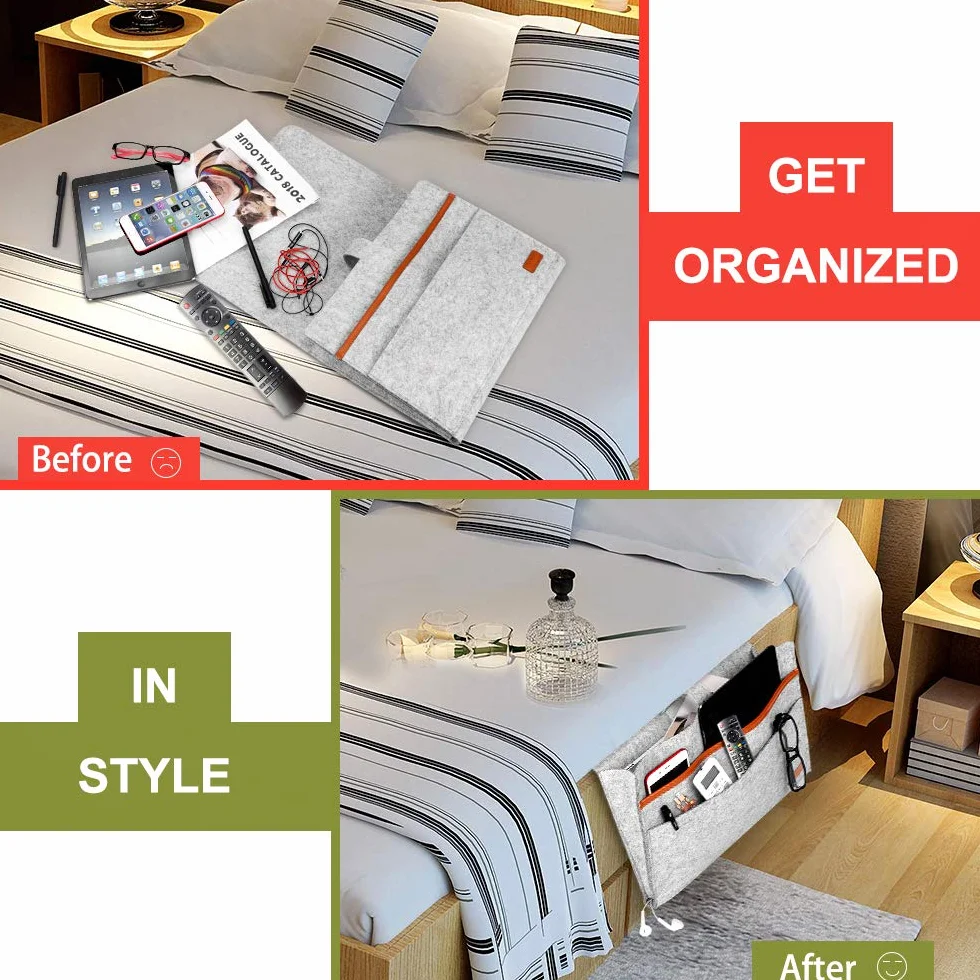 SIMBOOM Organizer per letto, 4 Tasche Portaoggetti per Letto o Divano, Borsa in feltro Comodino per iPad, Tavoletta, Riviste, Telecomando, Cellulare, Occhiali - Grigio Chiaro