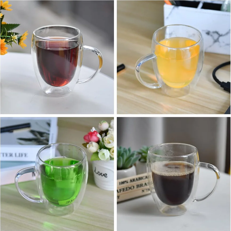 Vicloon Tazza Caffè Doppio Vetro Borosilicato 350 ml, Bicchieri Espresso Doppia Parete con Manico per Caffè, Tè, Latte