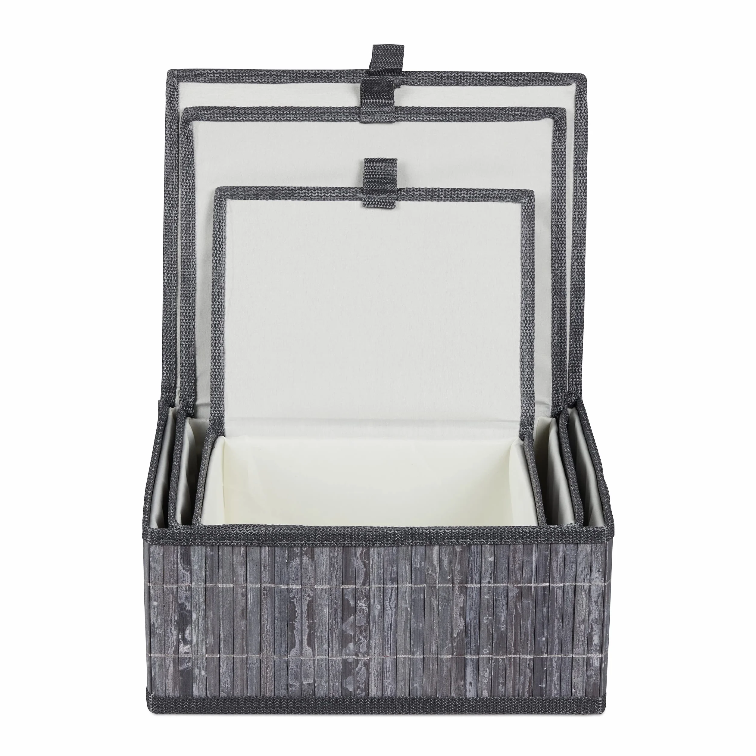 Relaxdays Set da 3 Cesti Portaoggetti, Coperchio & Chiusura a Strappo, Cestino Contenitore in bambù, Grigio