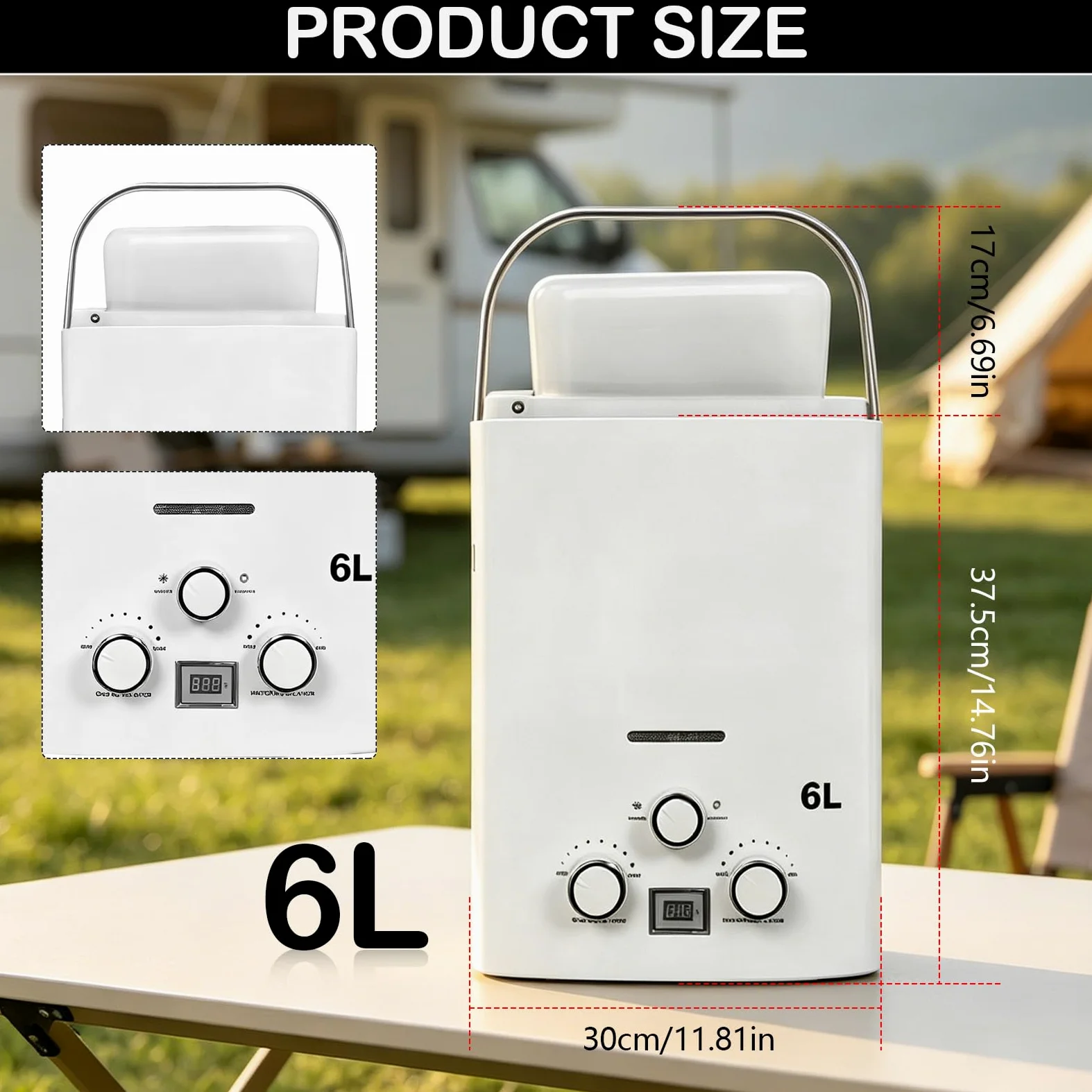 Scaldabagno A Gas Istantaneo Da 6 Litri, 12 Kw Portatile Per Camper E Roulotte Con Maniglia E Soffione Doccia Per Esterni Giardino Campeggio Caravan 40x30x13 Cm
