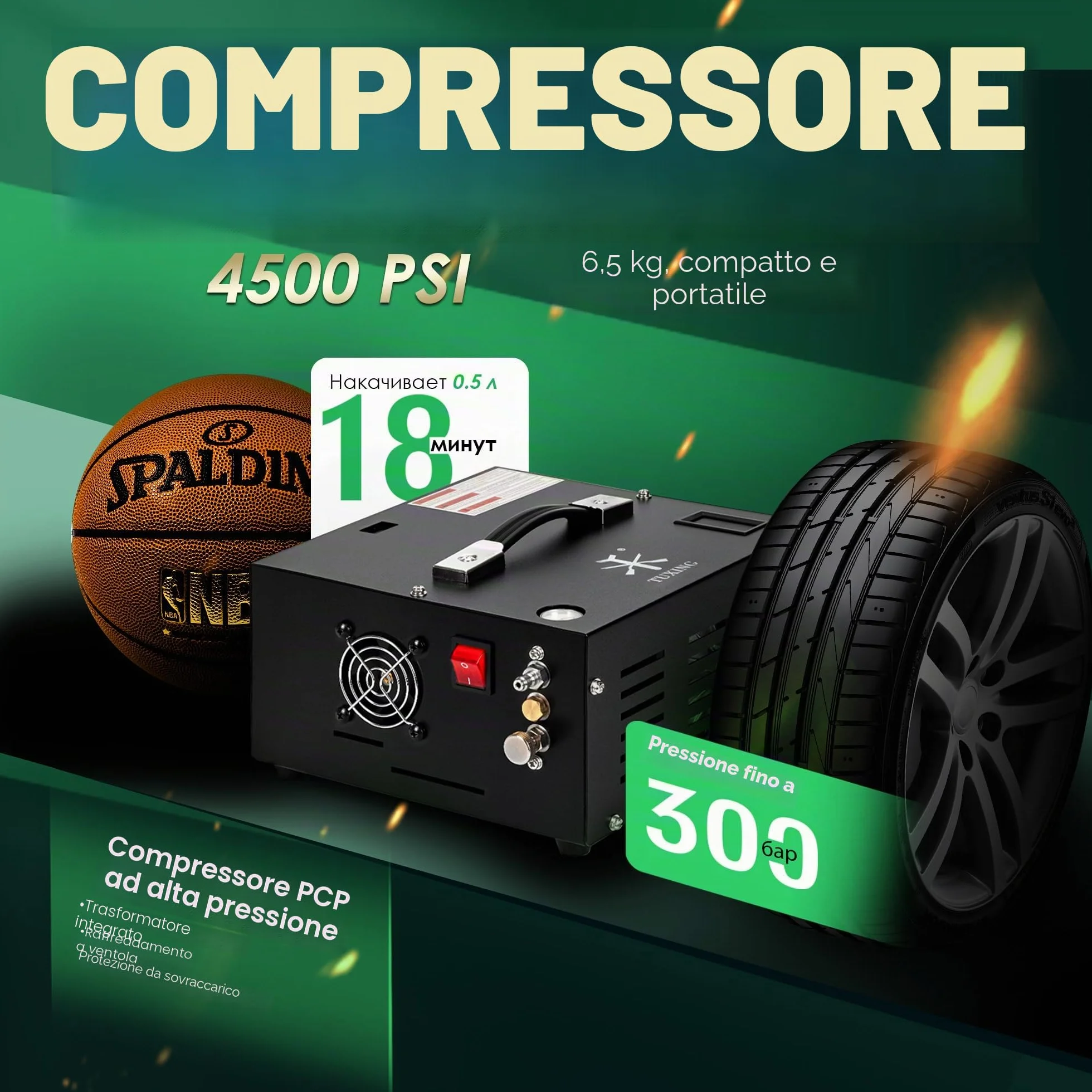 TUXING PCP Compressore d'aria 4500 Psi, compressore d'aria regolabile ad alta pressione alimentato da auto 12V DC o casa 220V AC con adattatore (incluso), pompa per Paintball/serbatoio subacqueo