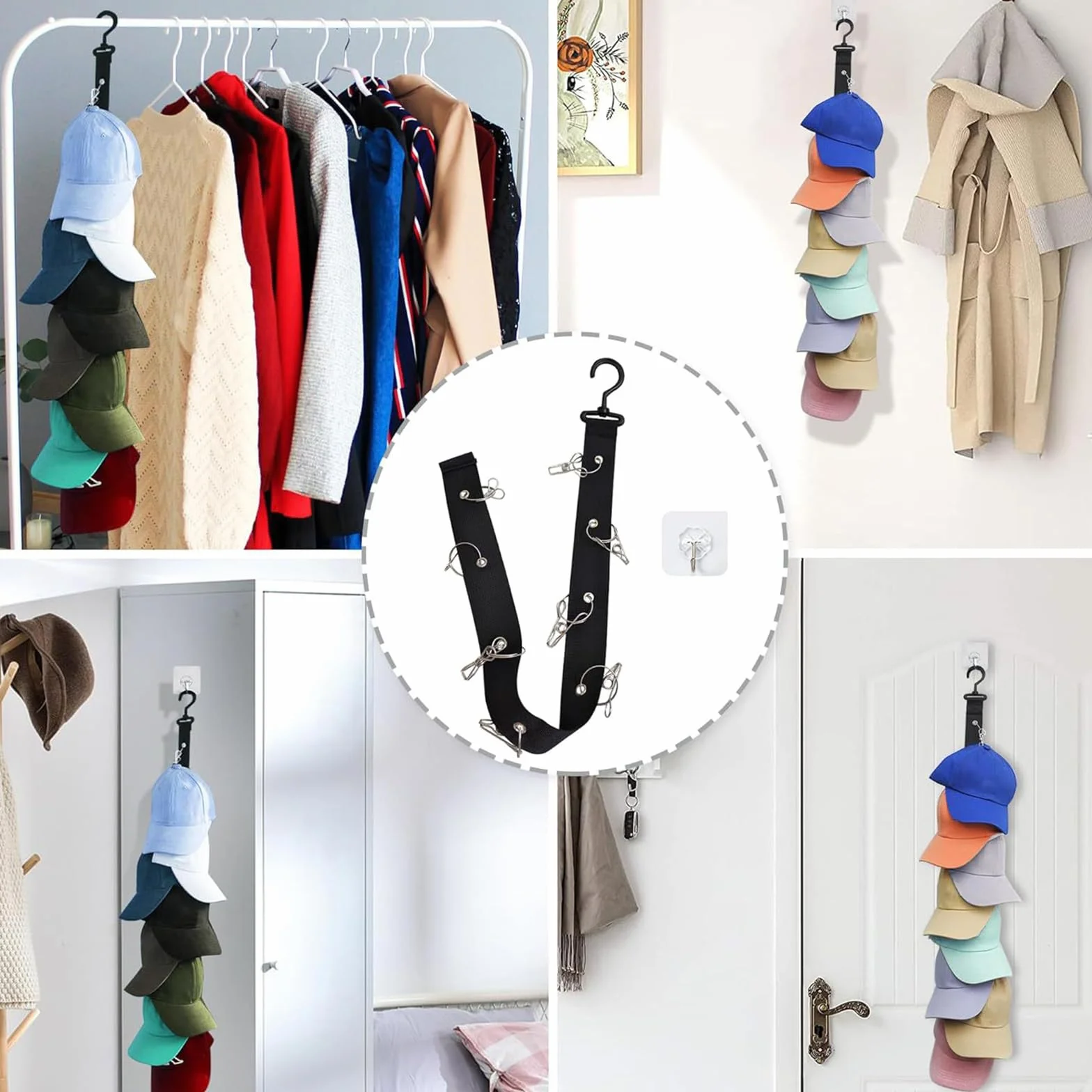 Porta Cappelli da Parete e Armadio - 2 Pezzi Con 16 Clips e 2 Ganci Adesivi - Appendiabiti per Tutti i Tipi di Cappelli