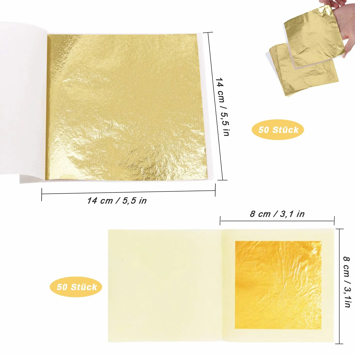 ACONDE Foglia d'oro Imitazione, Foglia d'oro per Nail Art, Pittura, Decorazione Artigianale e Fai da Te, 100 Pezzi, Dorata, 8cm