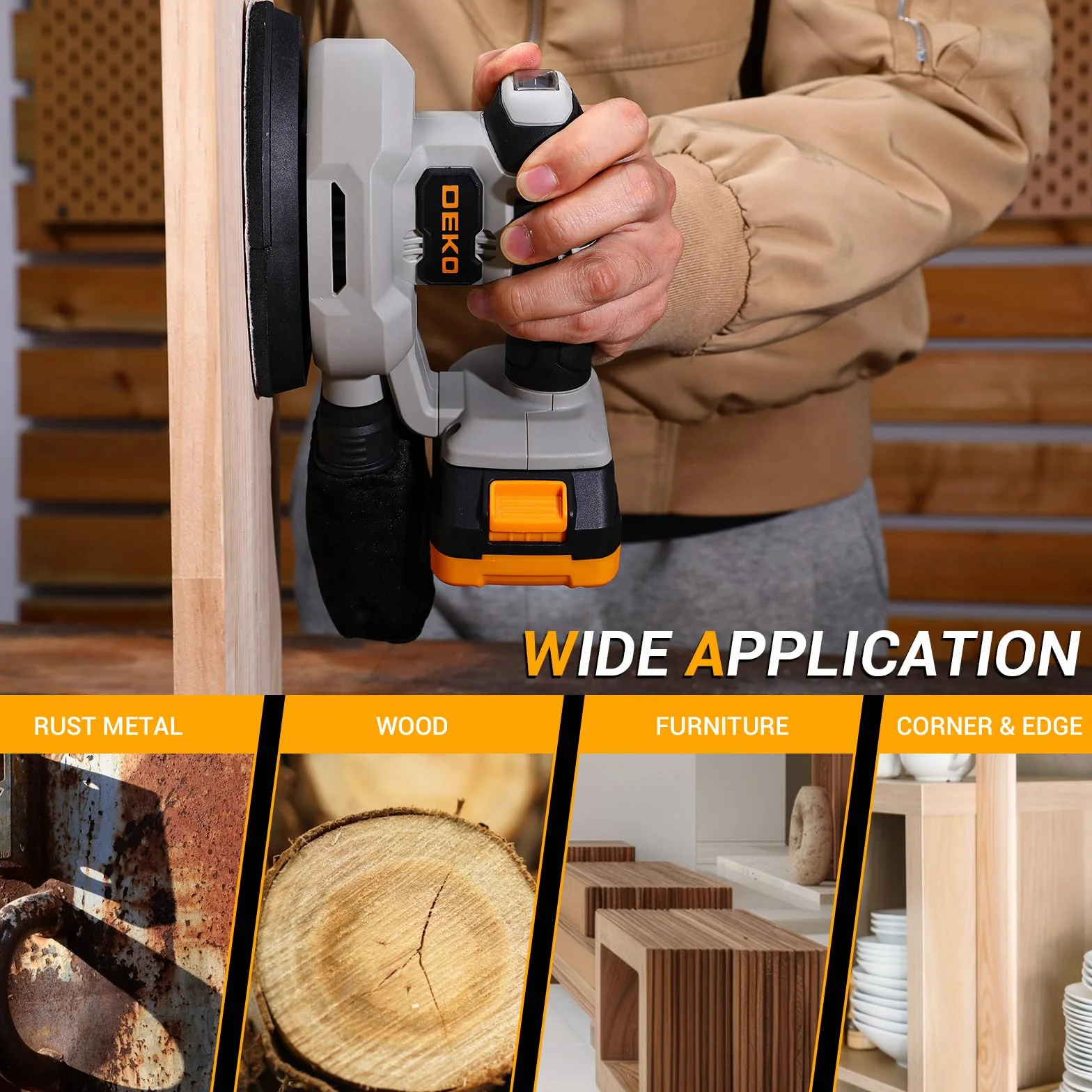 DEKOPRO Levigatrice Mouse 20V 13000 RPM con Batteria 3 Accessori 12 Carte Vetrata per Legno Falegnameria DIY