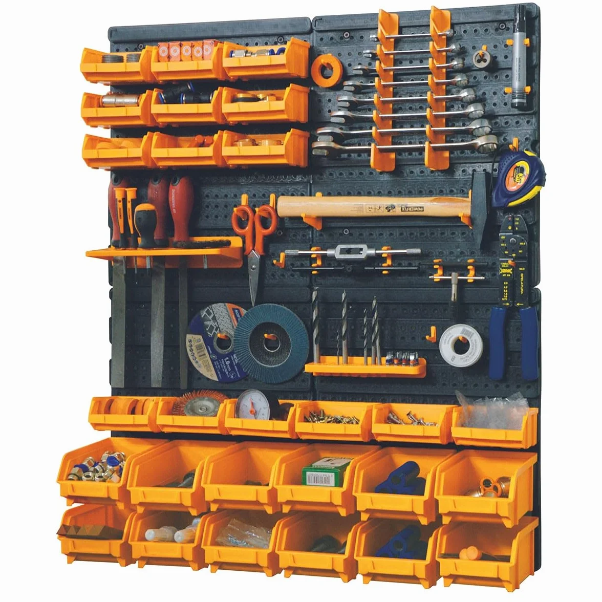 INTEC - Pannello a parete porta attrezzi completo (66 x 78 cm): 4 pannelli perforati, 27 contenitori (piccoli/grandi) e 38 ganci per un laboratorio organizzato