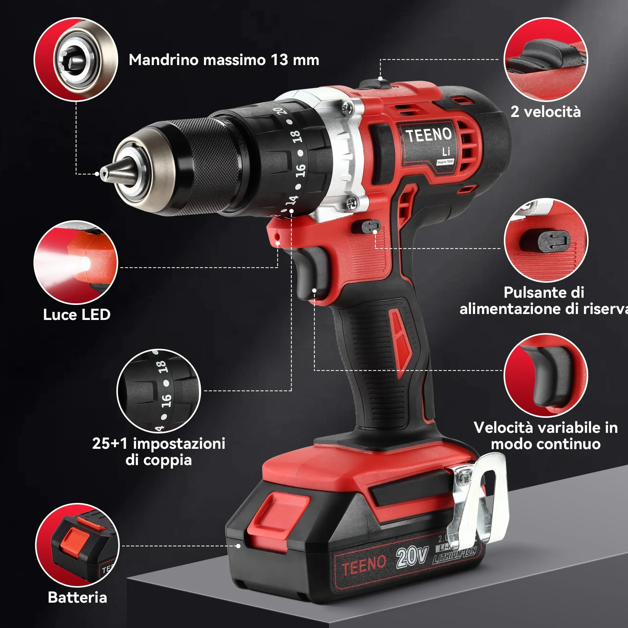 TEENO Trapano Avvitatore a Batteria 20V, Avvitatore Elettrico 45Nm con 2 Batterie 2,0Ah, Trapano a Percussione con 20+3 Regolazioni di Coppia, 2 Velocità, Mandrino 13mm, LED, Valigetta e Accessori