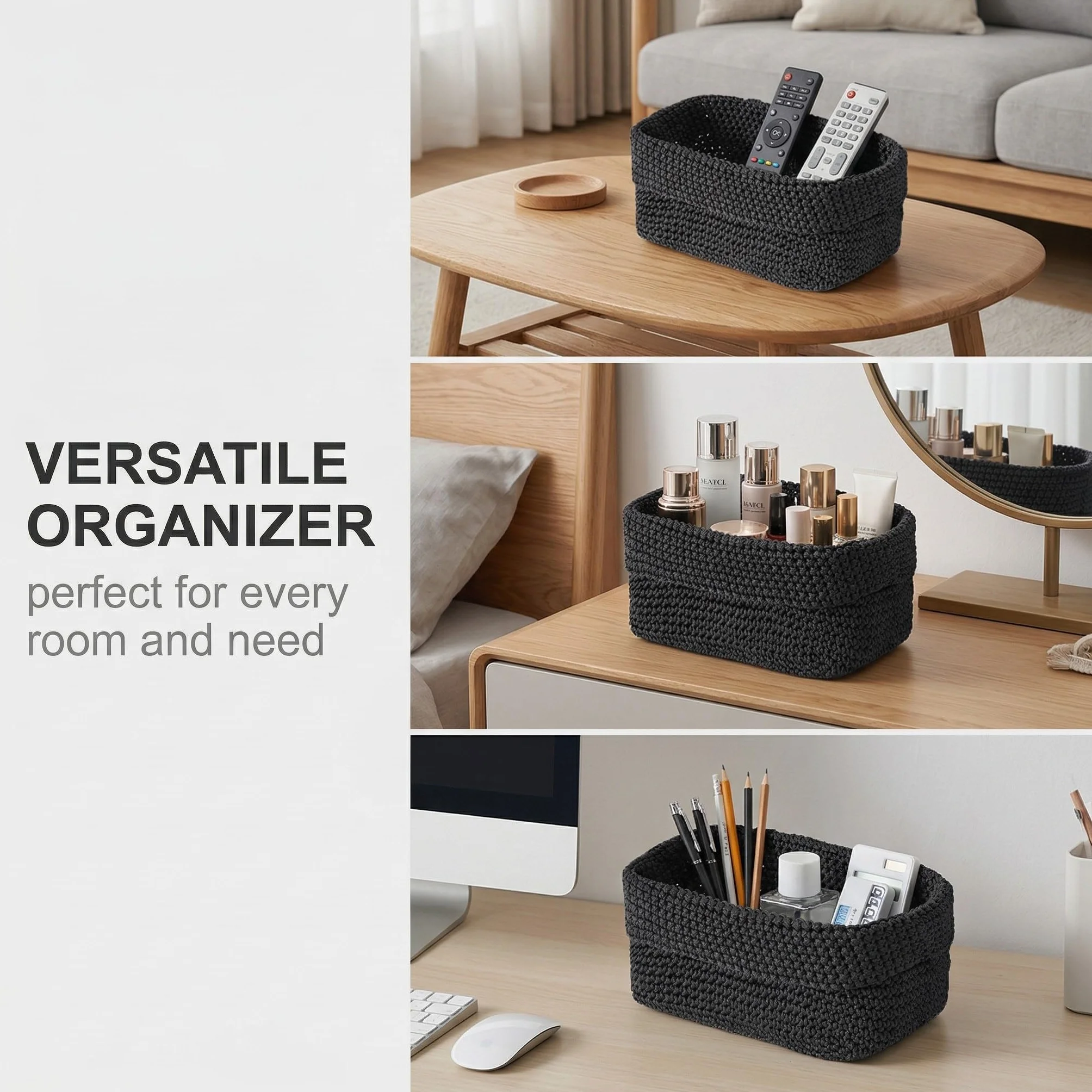 Cestino Portaoggetti Nero, Cestino Intrecciato a Mano in Corda di Cotone, 21×13×15,5 cm, Piccolo Cestino Intrecciato, Scatola Organizzatrice per Cucina, Bagno, Mensole, Pane e Cosmetici