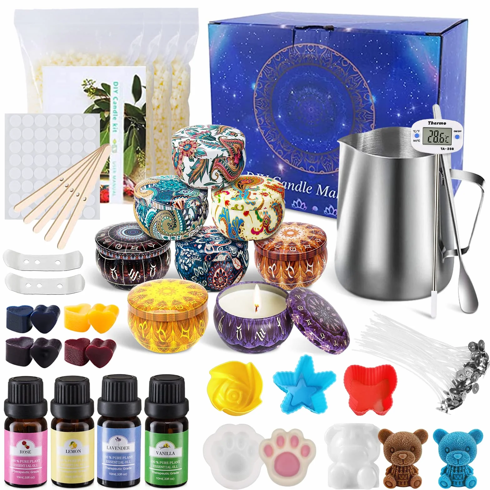 JOYBOY Kit per Fabbricazione Candele DIY,Naturale Cera di soia,80 Stoppini,8 Barattoli,Stampo in Silicone ect