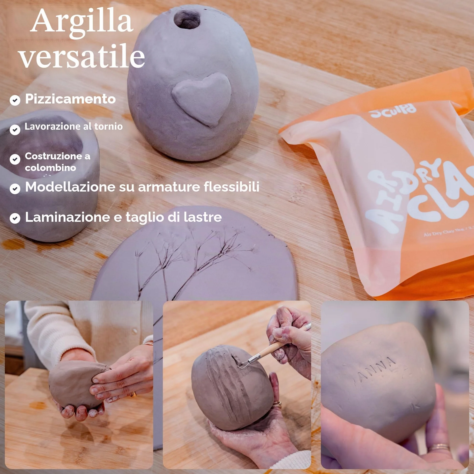 Sculpd Argilla secca all'aria di alta qualità, 1 kg, borsa in ceramica per adulti, argilla da modellare morbida, argilla autoindurente, adatta per progetti artistici e artigianali, ceramica per