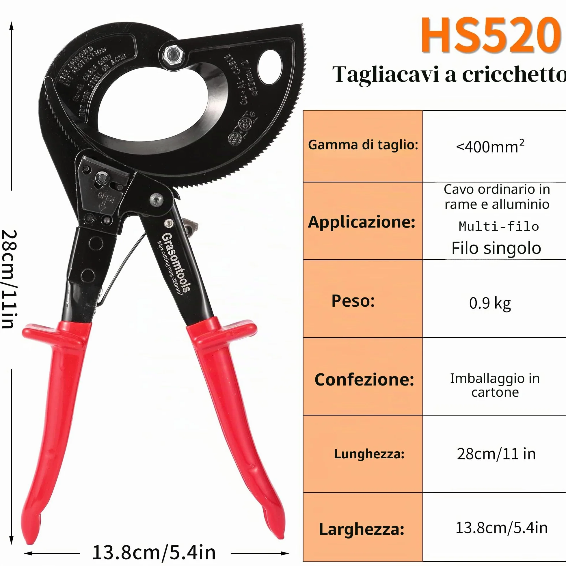Taglierina per Cavi a Cricchetto HS520A - Heavy Duty Alluminio e Rame, 400 mm²