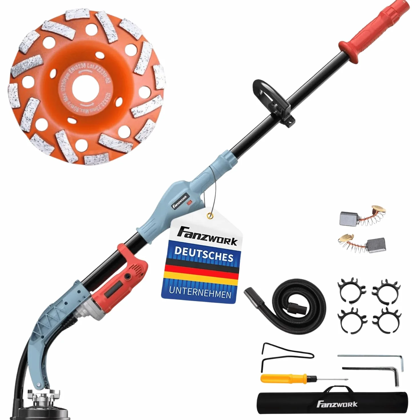 Fanzwork - Levigatrice per calcestruzzo da 1010 W, con asta telescopica fino a 1,20 m, con testa diamantata da 125 mm e borsa per il trasporto. Velocità regolabile: ideale per lisciare il calcestruzzo