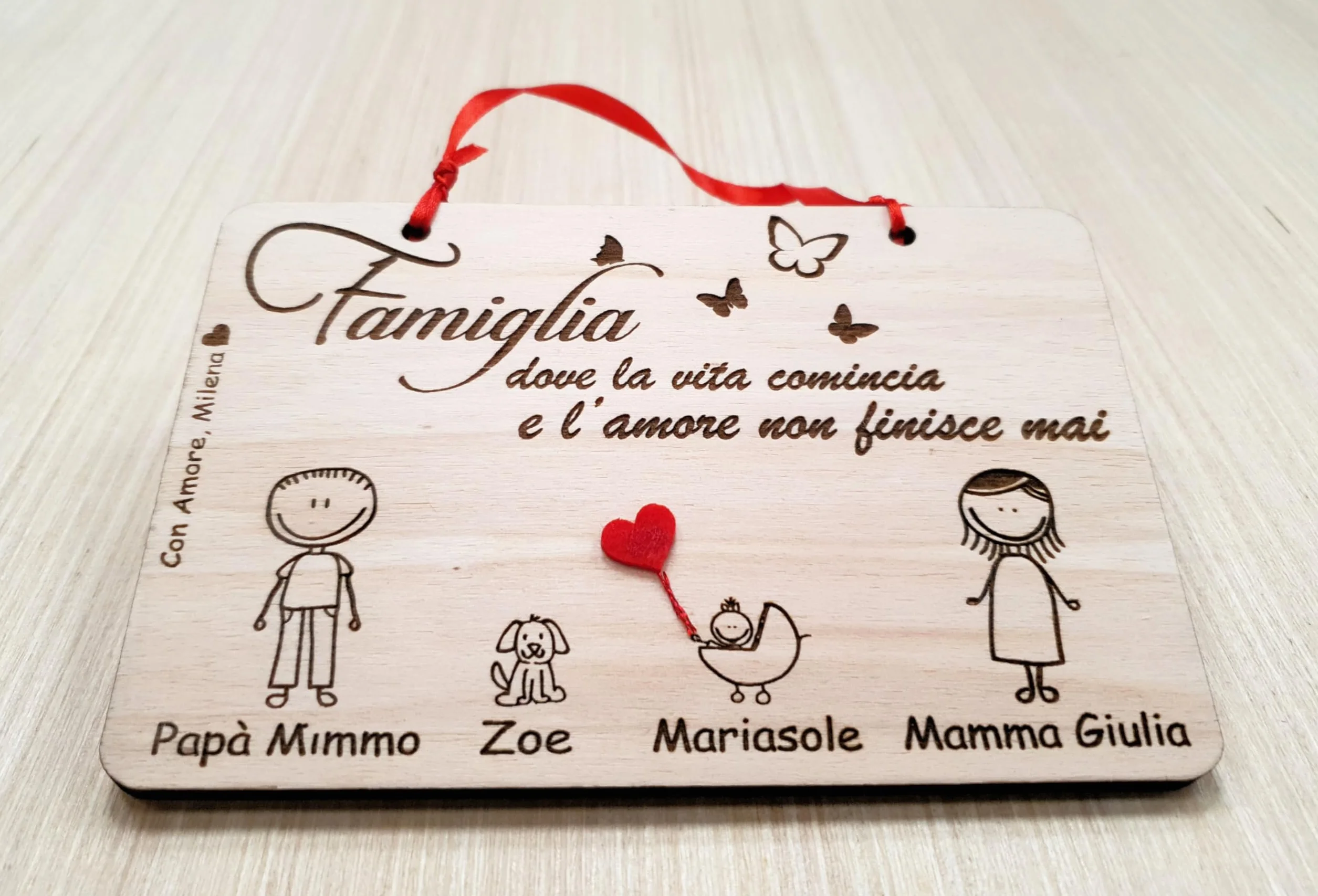 Targhetta in legno personalizzata Famiglia - regalo legno personalizzato con base, fori o biadesivo