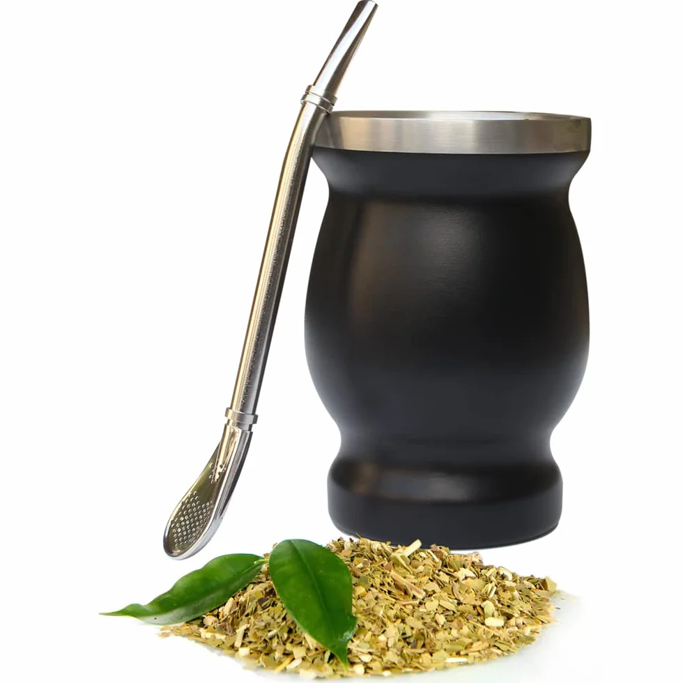 Beruth Zucca Bombilla Yerba Mate Set Tazza Acciaio Inossidabile 8 once Doppia Parete Nera
