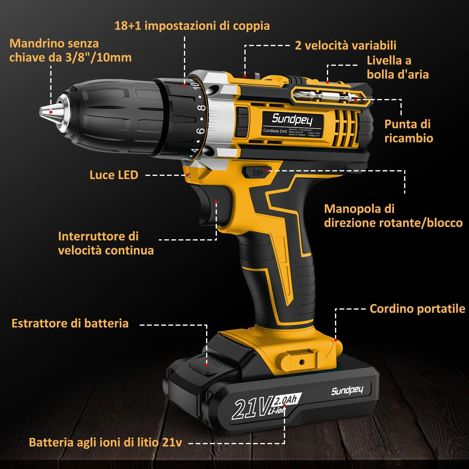 Sundpey Trapano Avvitatore Batteria 21V - Avvitatore a Batteria con 2 Batterie da 2.0Ah, 45Nm Max, 18+1 Coppia, 10mm Mandrino Trapano, Led Luce, 2 Velocita, 19pcs Avvitatore Elettrico Per Fai da te
