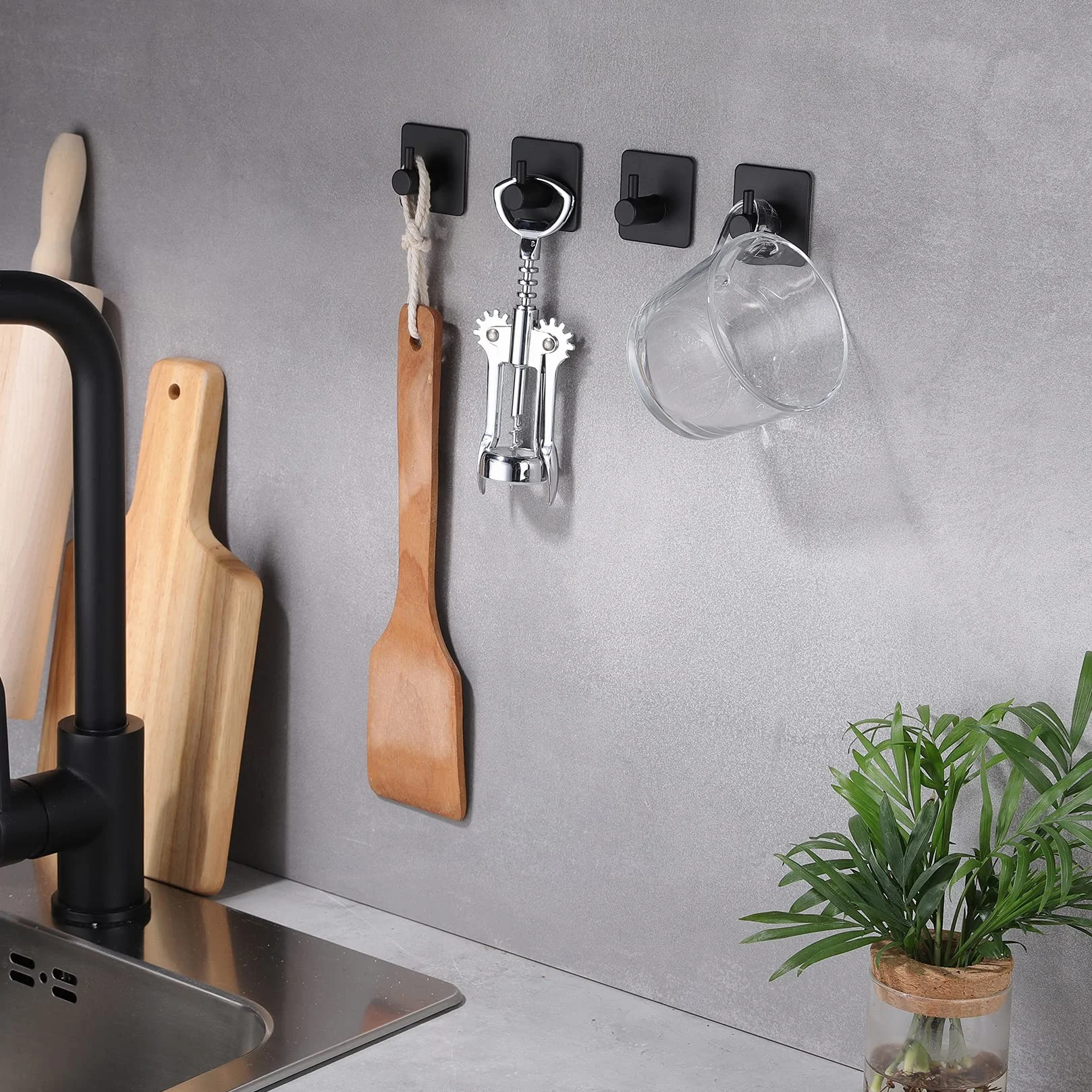 Ganci Adesivi Portasciugamani Senza Foratura Acciaio Inox per Cucina Bagno, 4 Pezzi, Nero