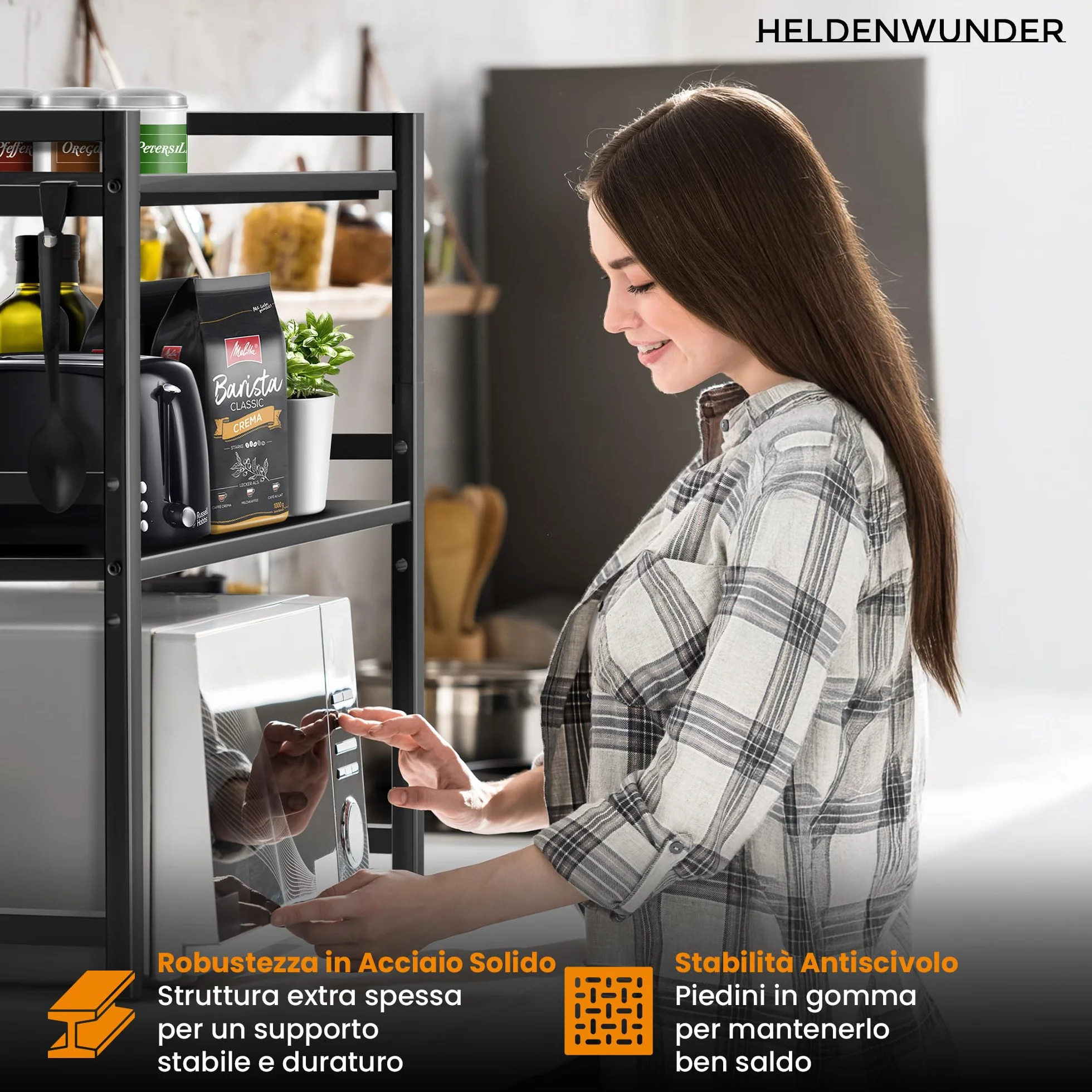 Heldenwunder Mensola MobileCucina Salvaspazio Acciaio (2 Ripiani) | Organizer Forno Mobiletto Scaffali | Supporto Microonde Regolabile + Video Guida, Ganci – Nero