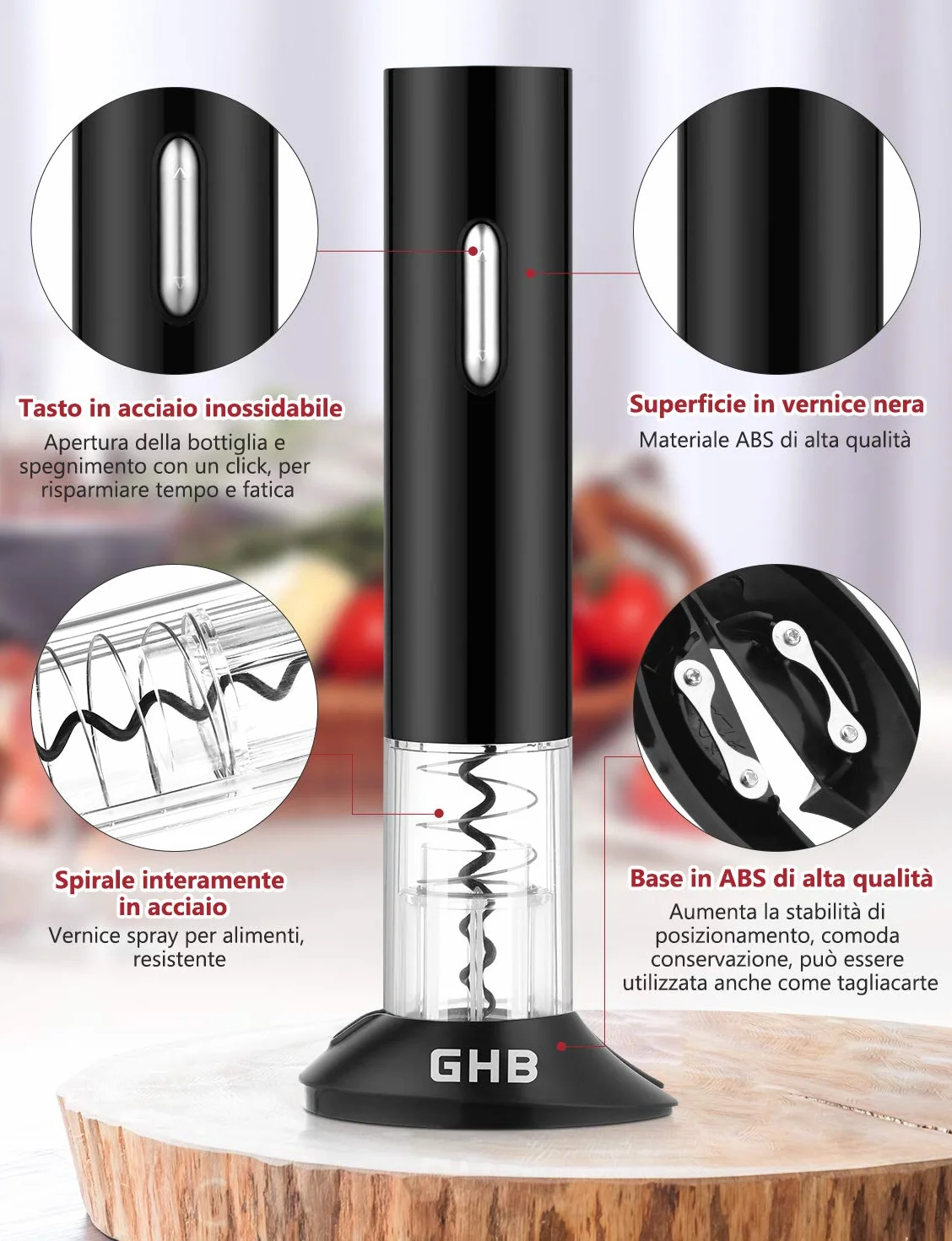 GHB Cavatappi Elettrico per Vino 8 in 1 Apribottiglie Elettrico con Base,Taglierina, Versatore,Tappo Regalo per Gli Amanti del Vino