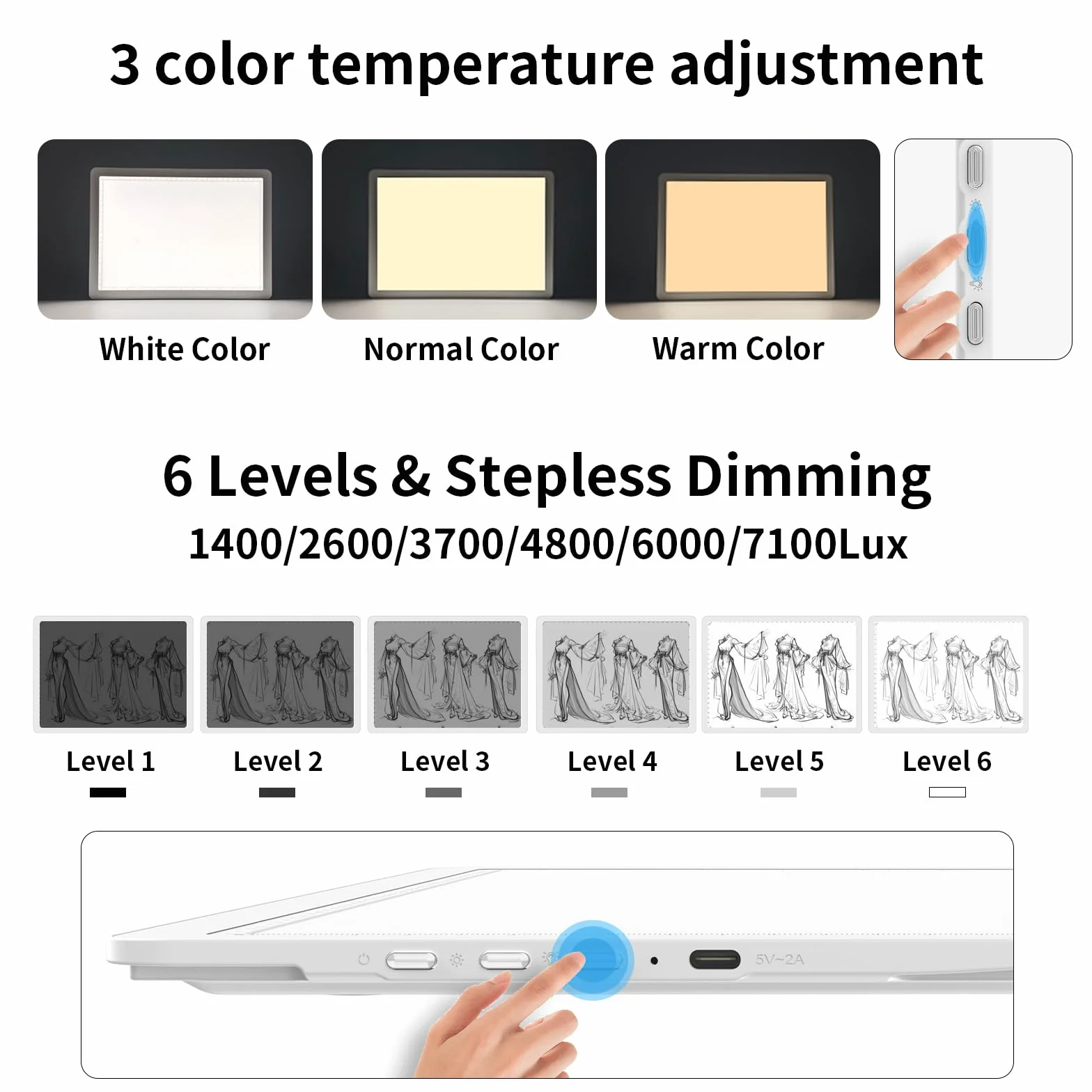 TOHETO Lavagna luminosa ricaricabile A4 con supporto, cuscinetto luminoso magnetico super luminoso con pulsanti laterali,scatola luminosa wireless per tracciare e disegnare,tavolo luminoso LED -Bianco