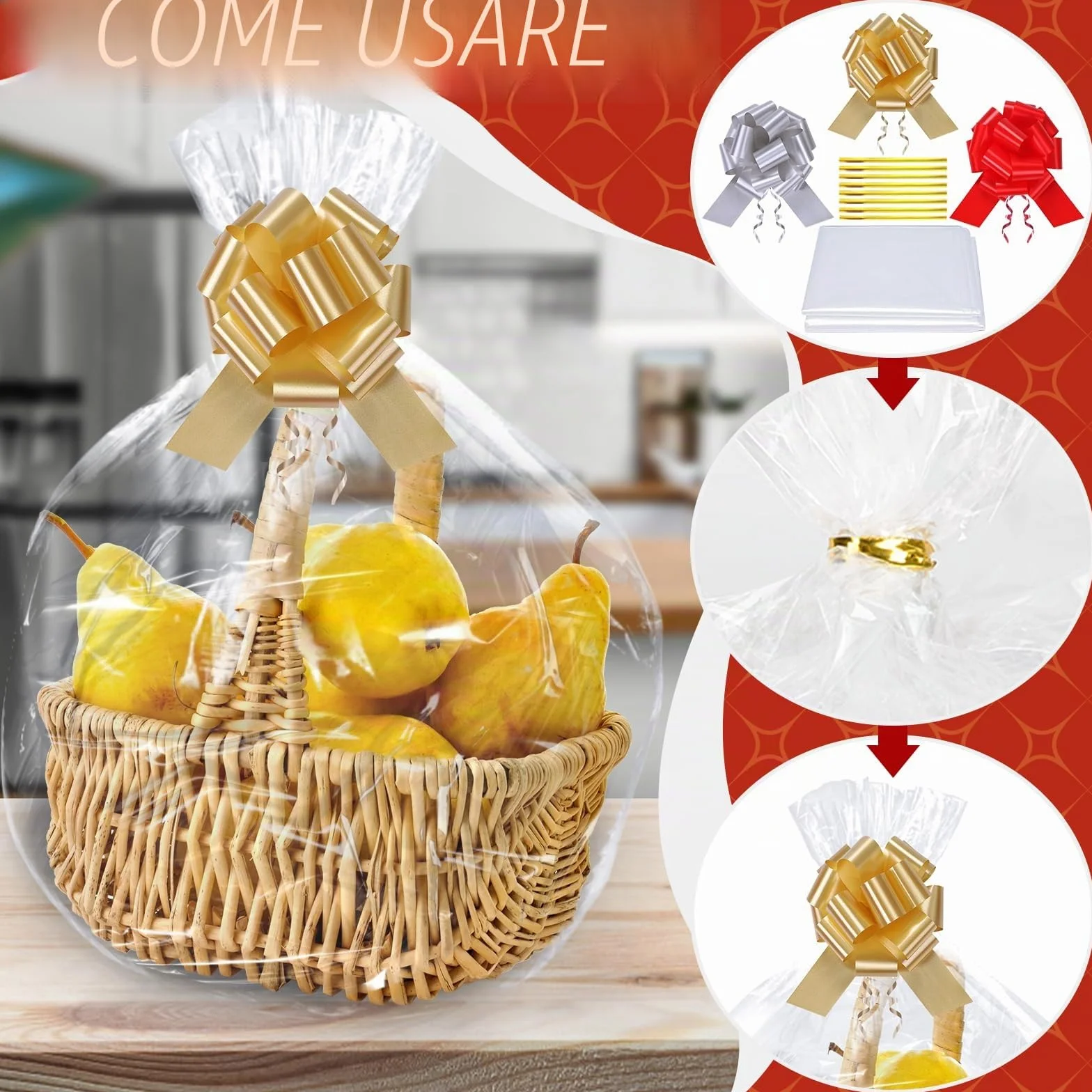 GXFCING Set di Sacchetti Grandi in Cellophane per Cesti Regalo, Inclusi 6 Sacchetti di Plastica da 100 x 70 cm e 6 Fiocchi e Lacci, Sacchetti di Carta Trasparenti per Cesti e Bouquet