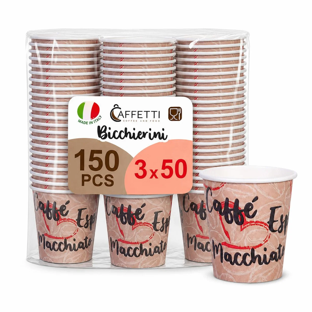 Caffetti Carta Bicchierini Caffè 90 ml Made in Italy 150 Pz Monouso Espresso