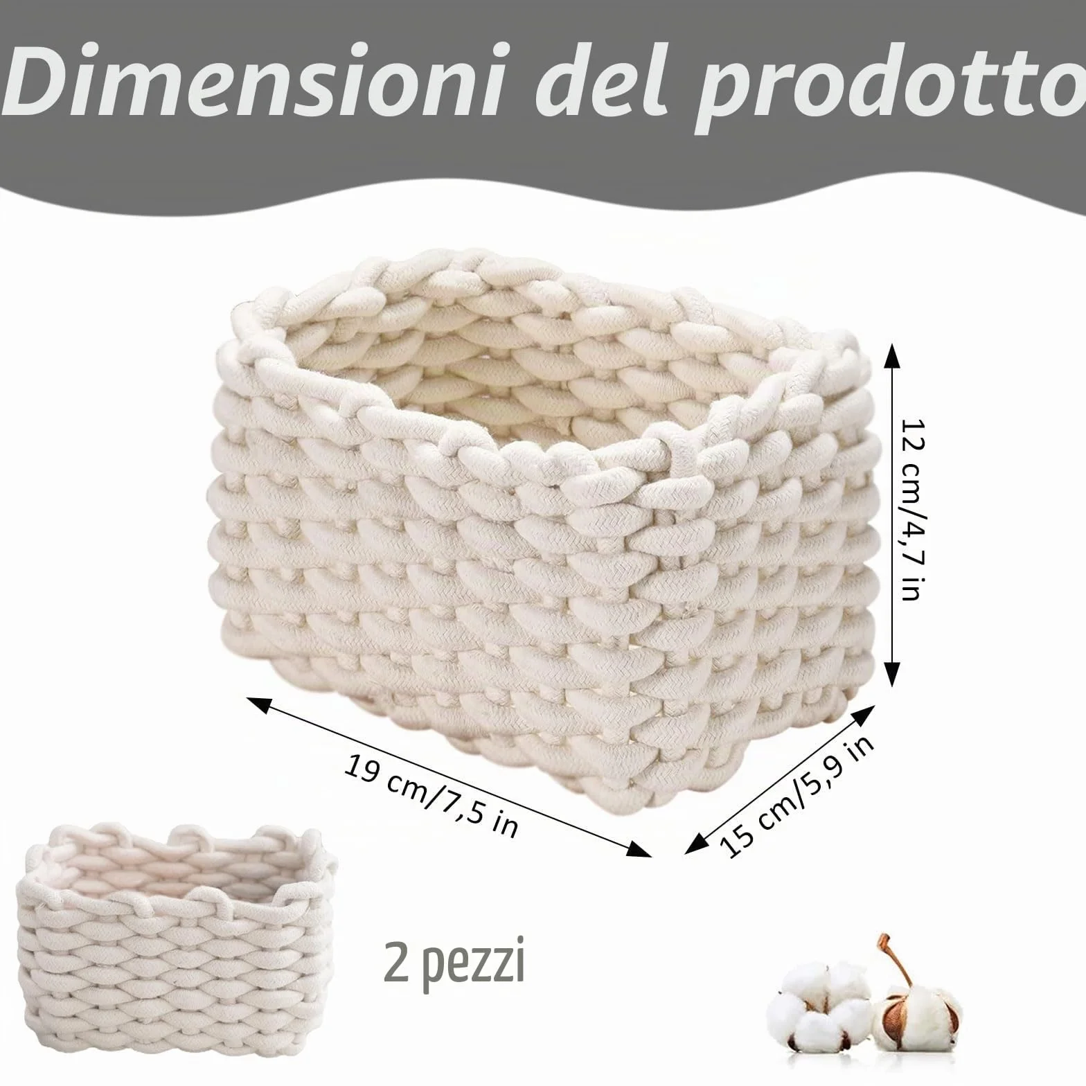 Cestini Portaoggetti in Corda di Cotone Intrecciato 19x15x12cm 2 Pezzi Bianco