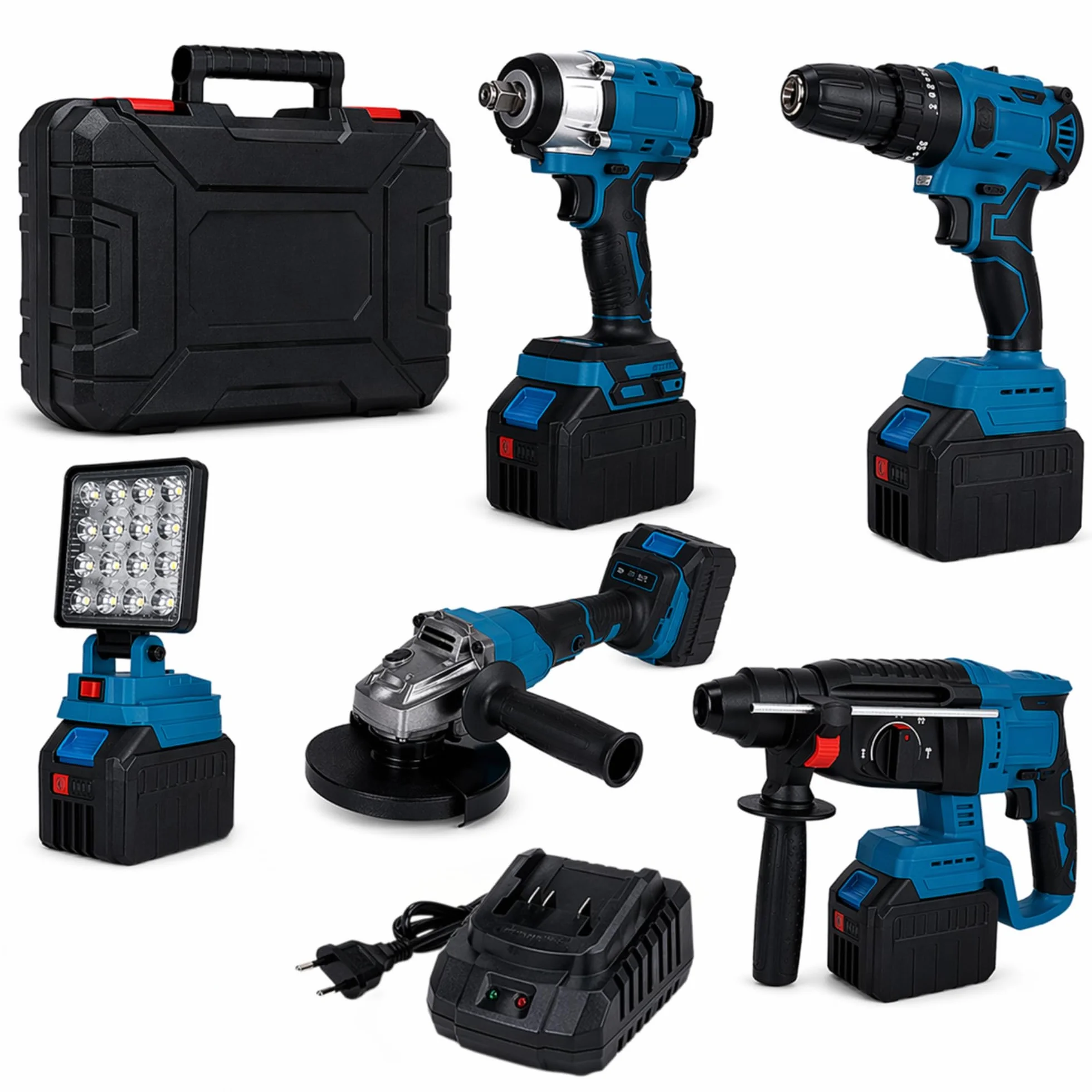 Kit Elettroutensili a Batteria 88V Brushless - COMPRENDE Cassetta con Trapano - Avvitatore Percussione - Avvitatore Impulsi - Smerigliatrice - Tassellatore SDS e Caricatore - Set Professionale