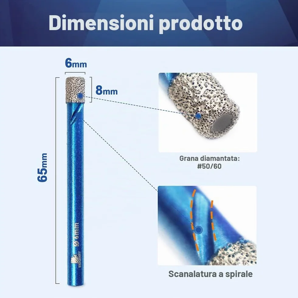 Set di 5 punte diamantate per piastrelle da 6 mm – taglio diamantato – sega a tazza per ceramica, granito, porcellana, piastrelle, gres porcellanato, muratura, marmo, muratura.