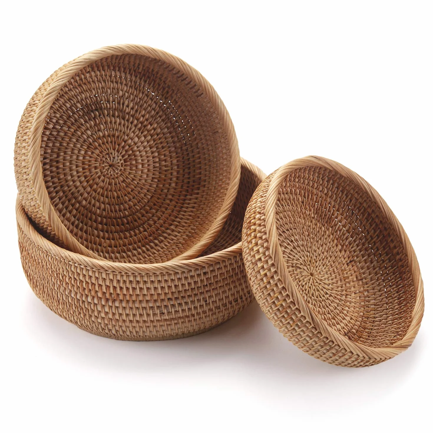 Cestini Portaoggetti Rotondi in Rattan Cesto Frutta Tessuta Impilabile per Armadi da Cucina Scaffale Naturale Set di 3