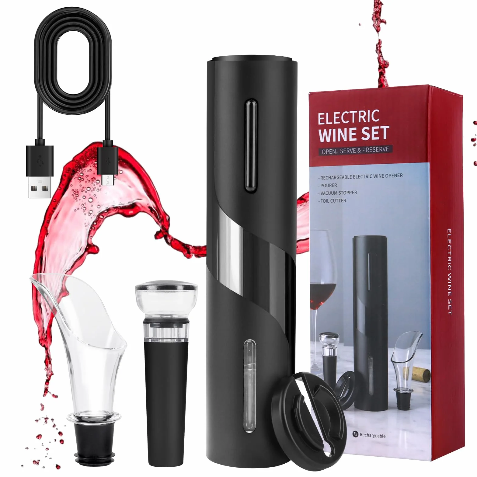 Cavatappi Elettrico, Taglia Capsula, Versatore, Tappo a Vuoto e Cavo USB, Cavatappi Elettrico per Vino Set, Regalo Migliore per San Valentino, Natale, Compleanno