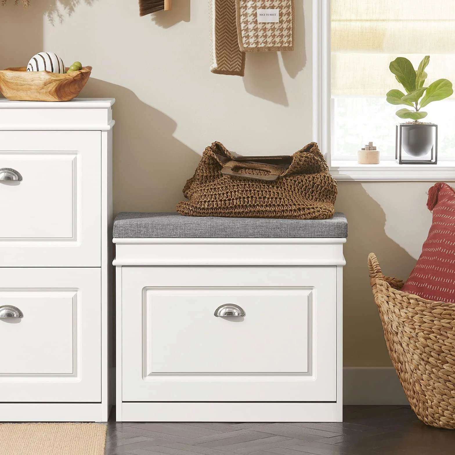 SoBuy Scarpiera Salvaspazio Slim con Seduta - Panca Scarpiera da Ingresso Contenitore in Legno, Mobile Ingresso per Scarpe, Regolabile, 60x24x51 cm, Bianco, FSR82-K-W